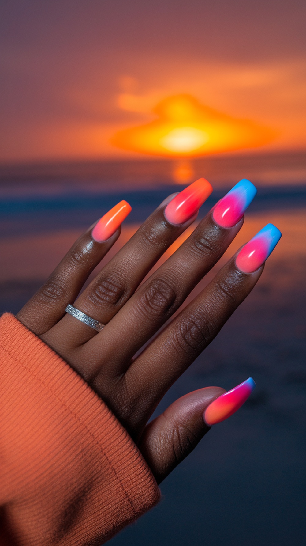 Nails with sunset ombre design against a beach background