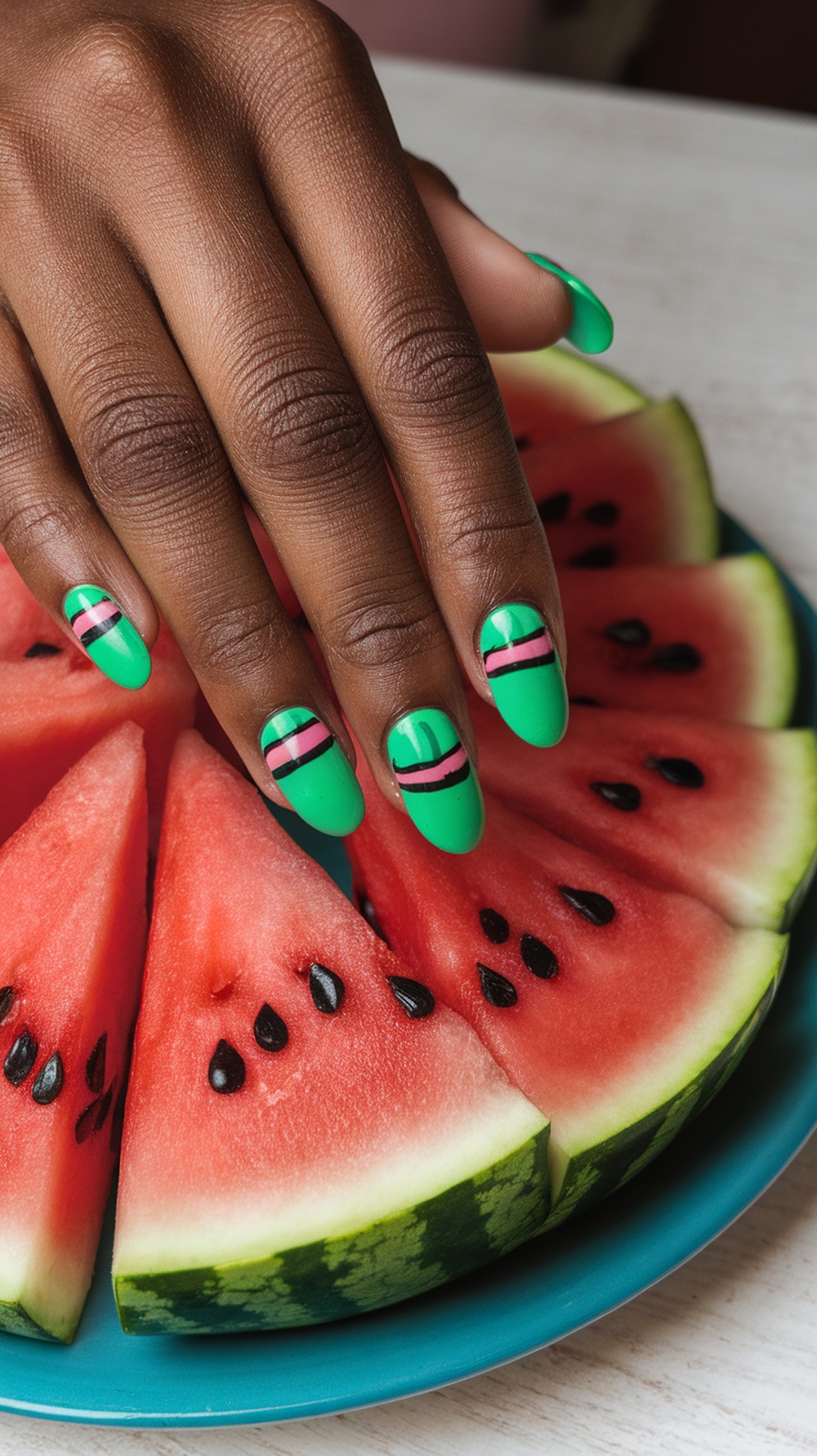 Colorful watermelon nail design displayed with fresh watermelon slices.