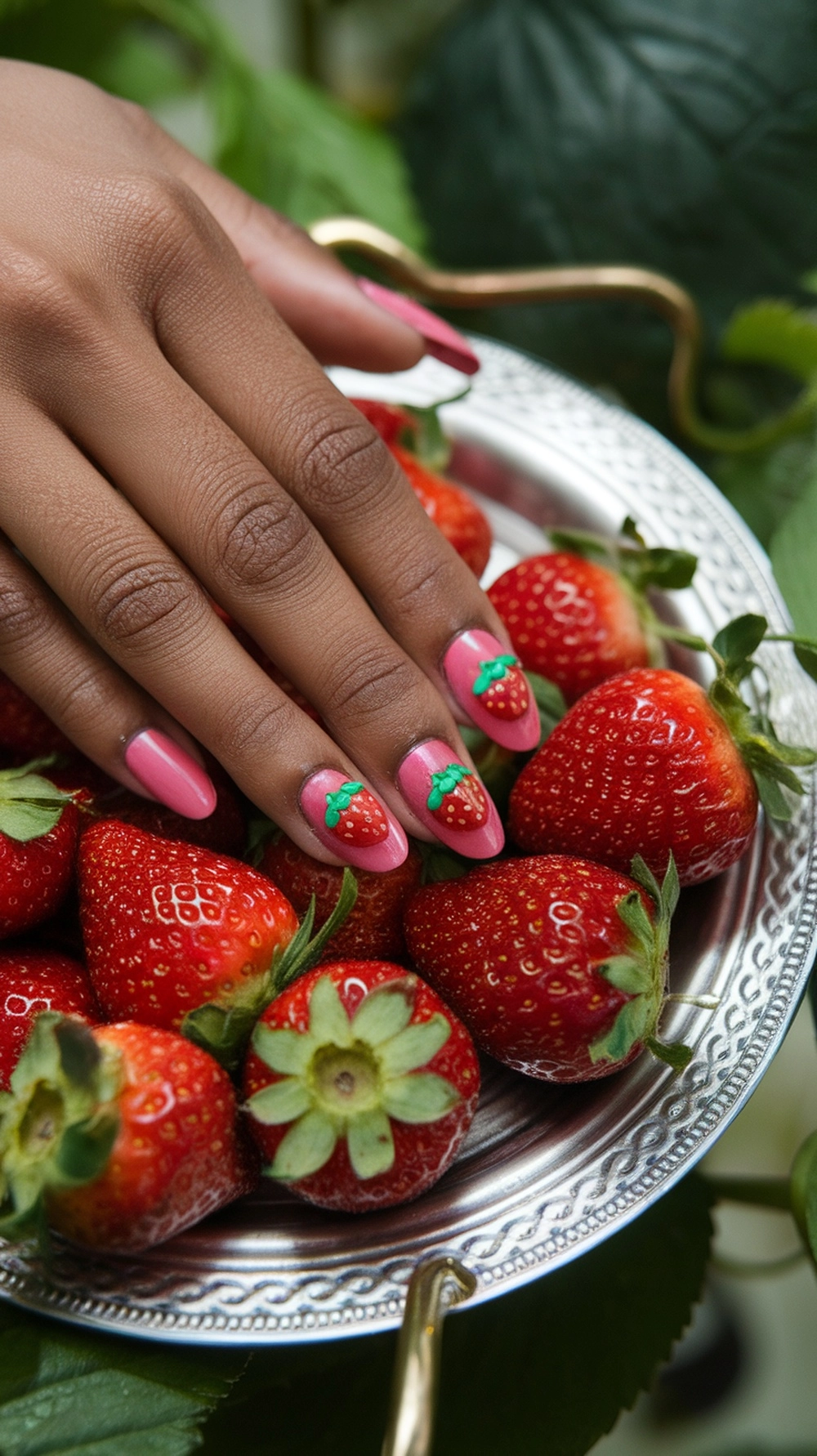 A hand with 3D strawberry nail art resting on a plate of fresh strawberries.
