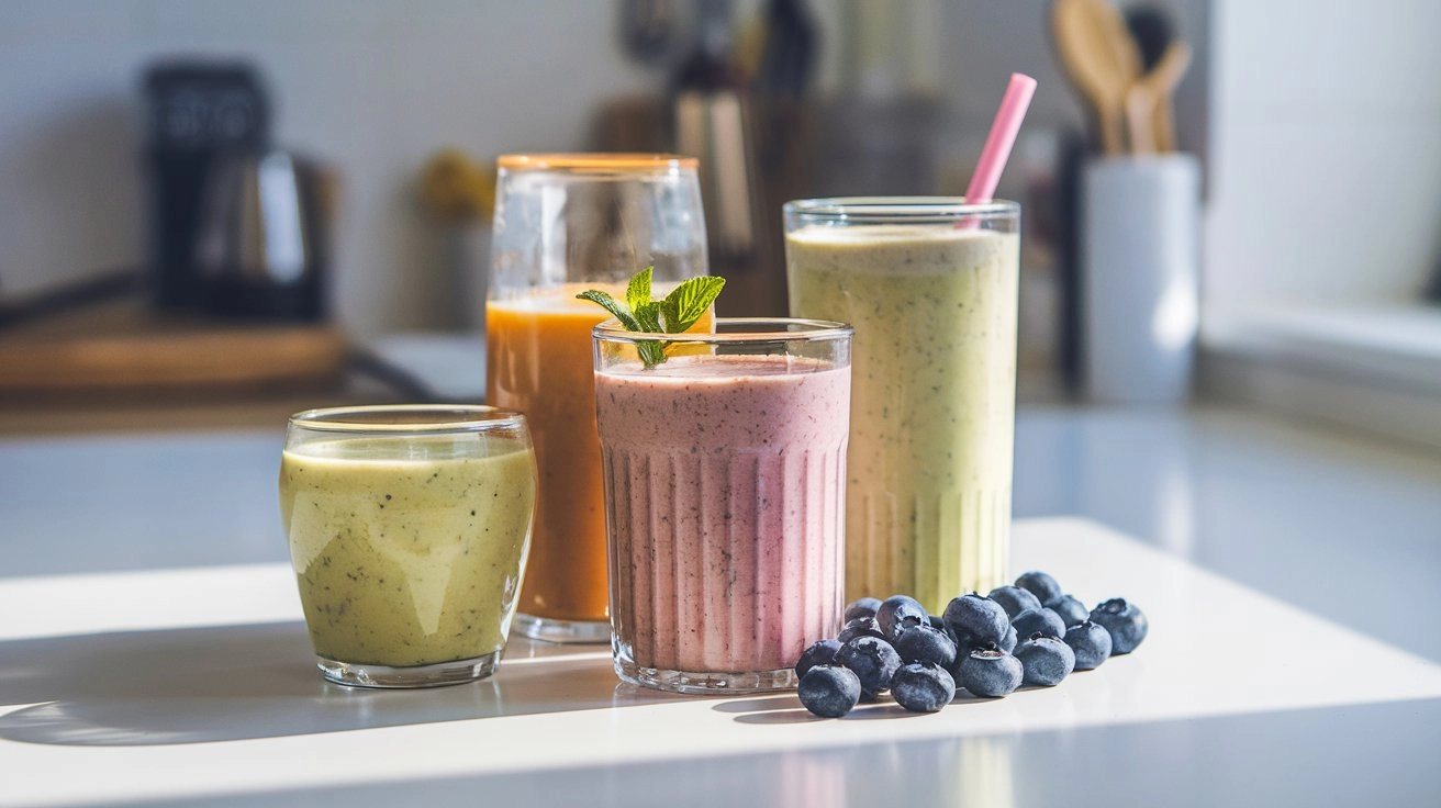 5-Minute Smoothies for Busy Mornings 1 Assorted smoothie glasses with blueberries on a bright morning kitchen counter, perfect for quick and easy 5-Minute Smoothies.