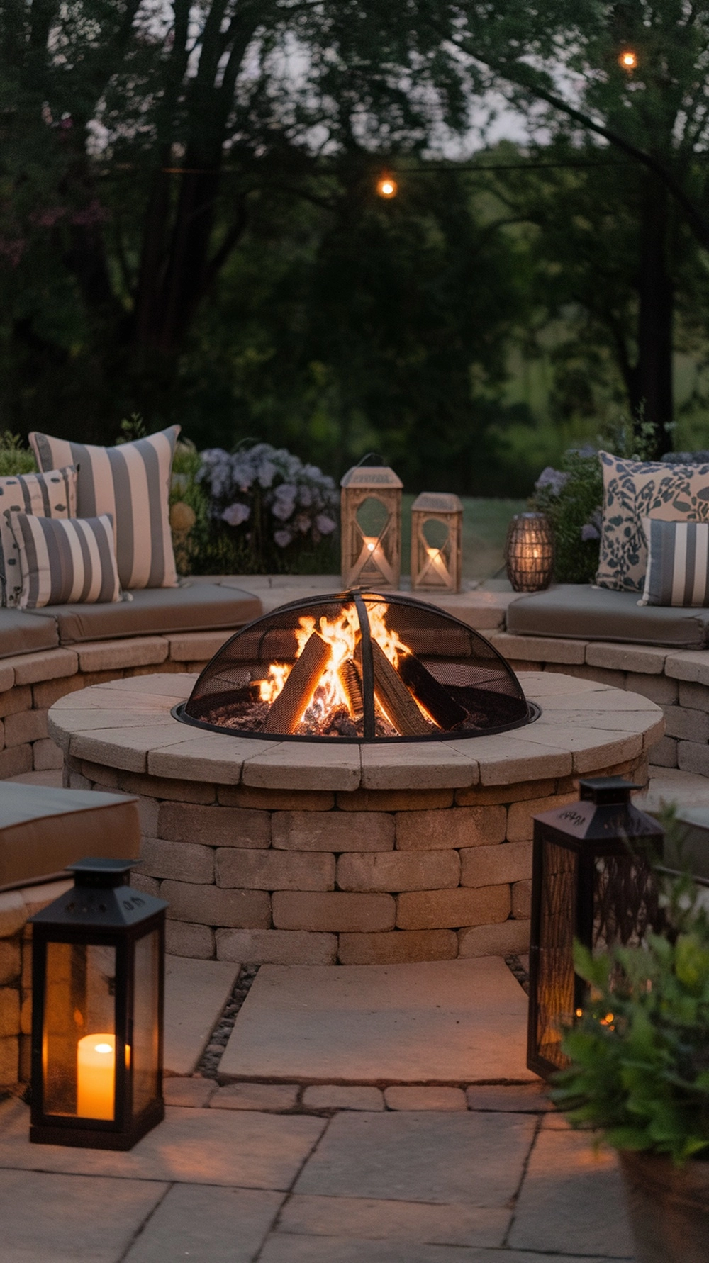 Cozy backyard fire pit with seating and lanterns
