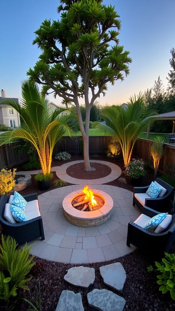 A cozy backyard fire pit area with curved seating and a warm fire.