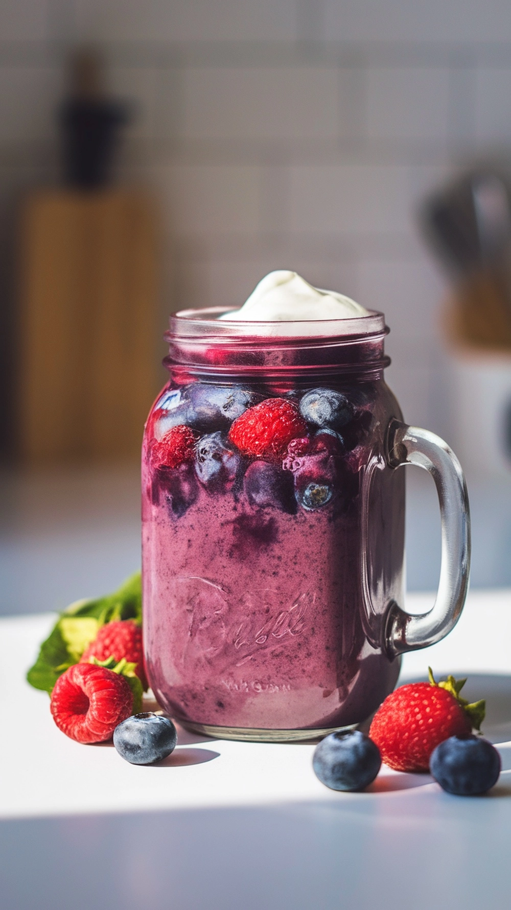 Berry blast smoothie with mixed berries and yogurt in a mason jar