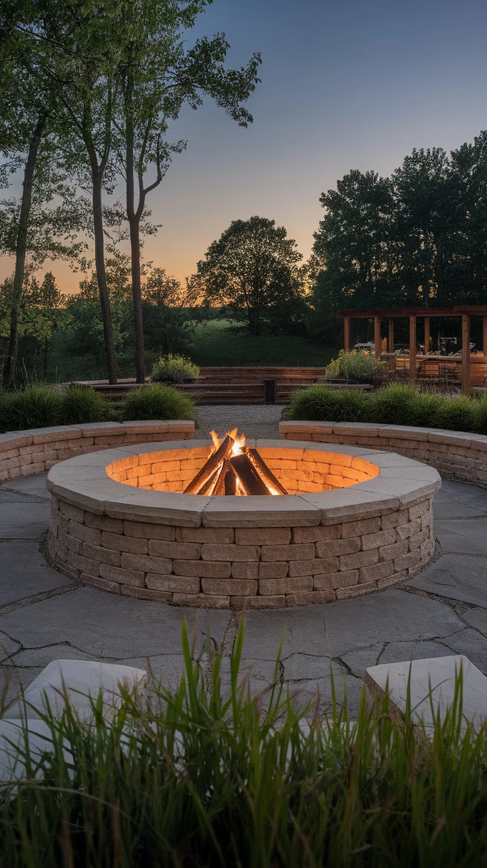 A round fire pit made of stones with a cozy fire burning in the center, surrounded by grass and trees.