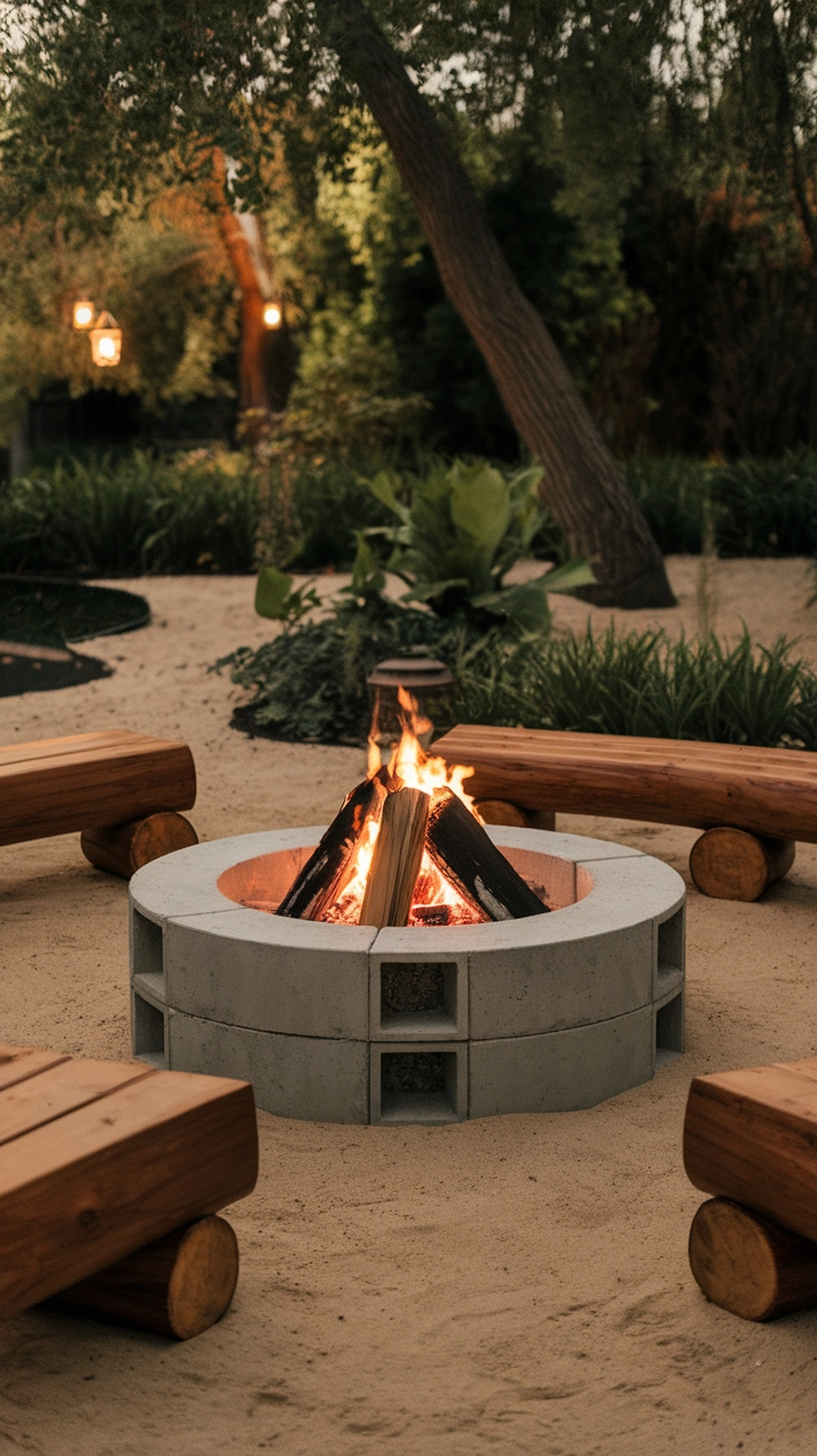 A round concrete fire pit surrounded by wooden benches in a sandy area, with flames burning brightly.