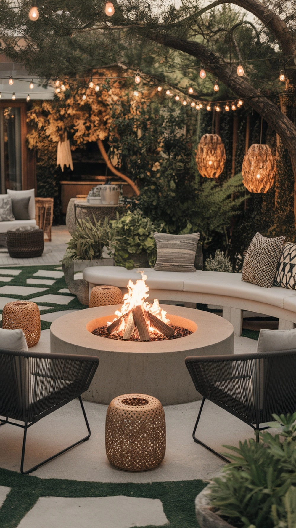 A beautifully designed backyard with a round fire pit surrounded by comfortable seating and decorative lighting.