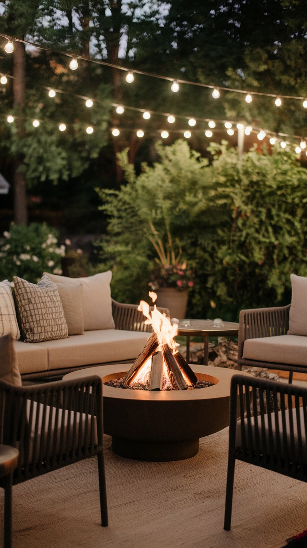 A cozy backyard fire pit area with comfortable seating and string lights.