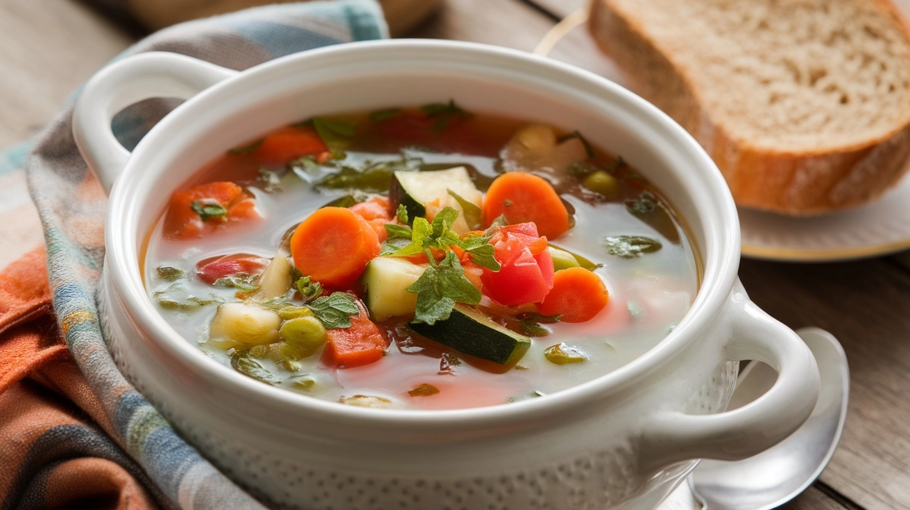 Low Fat Vegetable Soup You Will Want on Repeat This Week 1 Bowl of low-fat vegetable soup with carrots, zucchini, green beans, and herbs served with whole-grain bread.