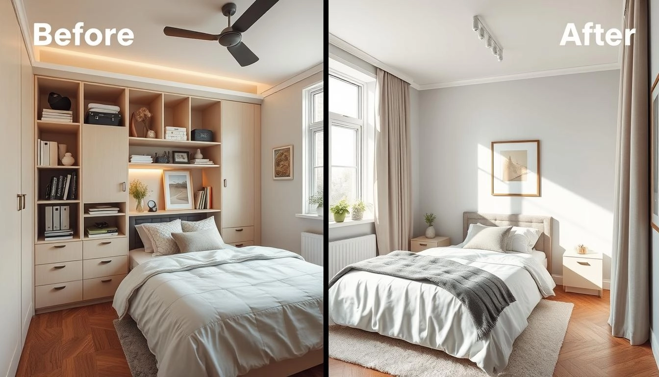Easy Small Bedroom Ideas for Couples 2 Before and after transformation of a small bedroom for couples showing smart storage solutions