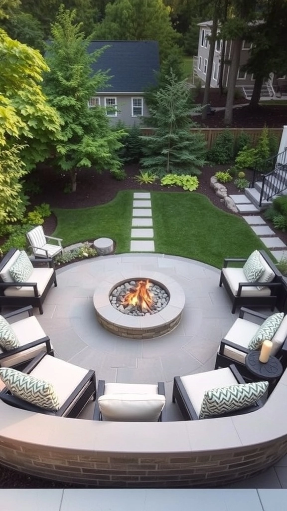 A backyard with two round fire pits surrounded by stones and gravel, showcasing different materials for fire pit construction.