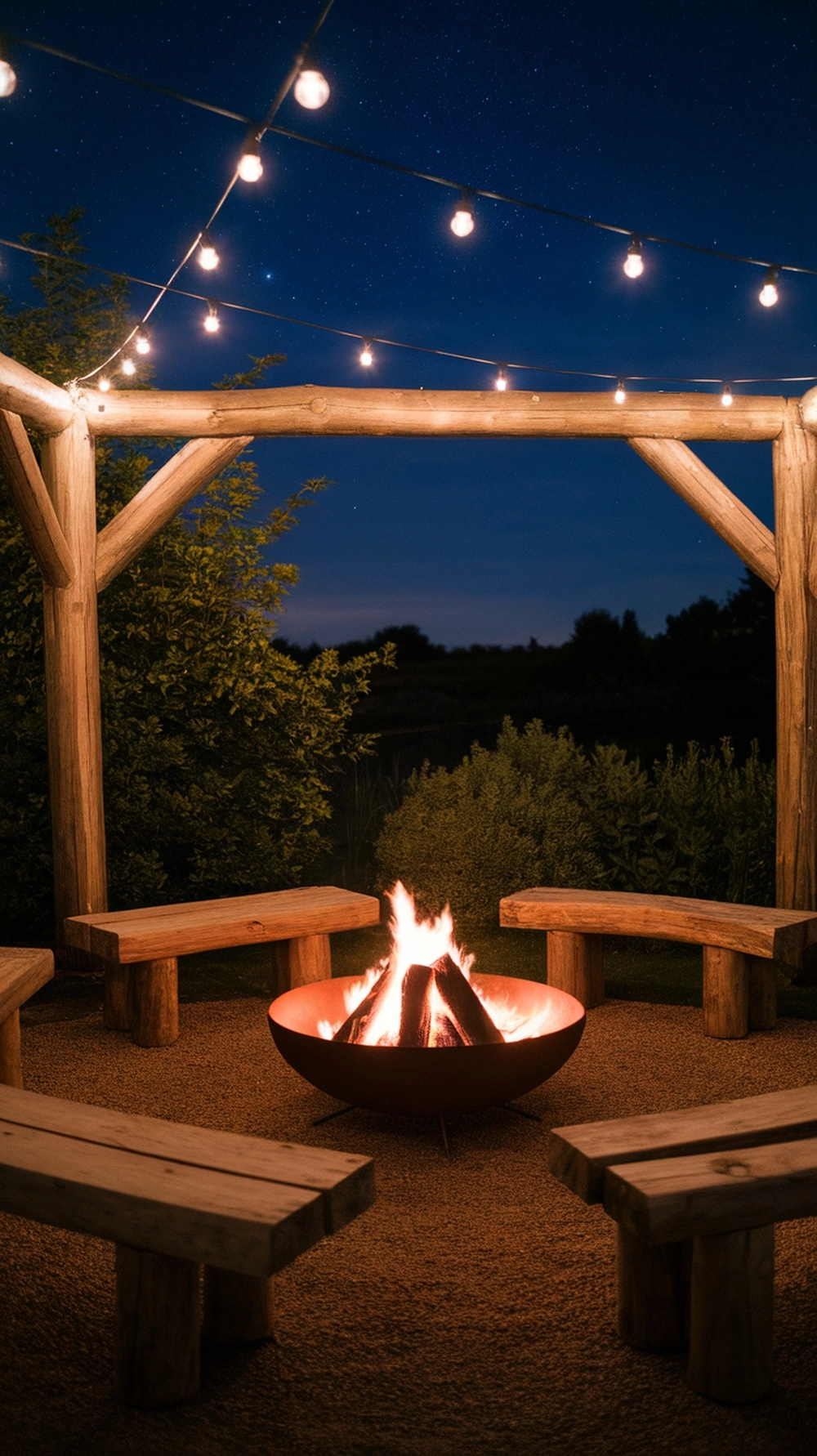 A rustic fire pit area with wooden benches and string lights, surrounded by greenery.