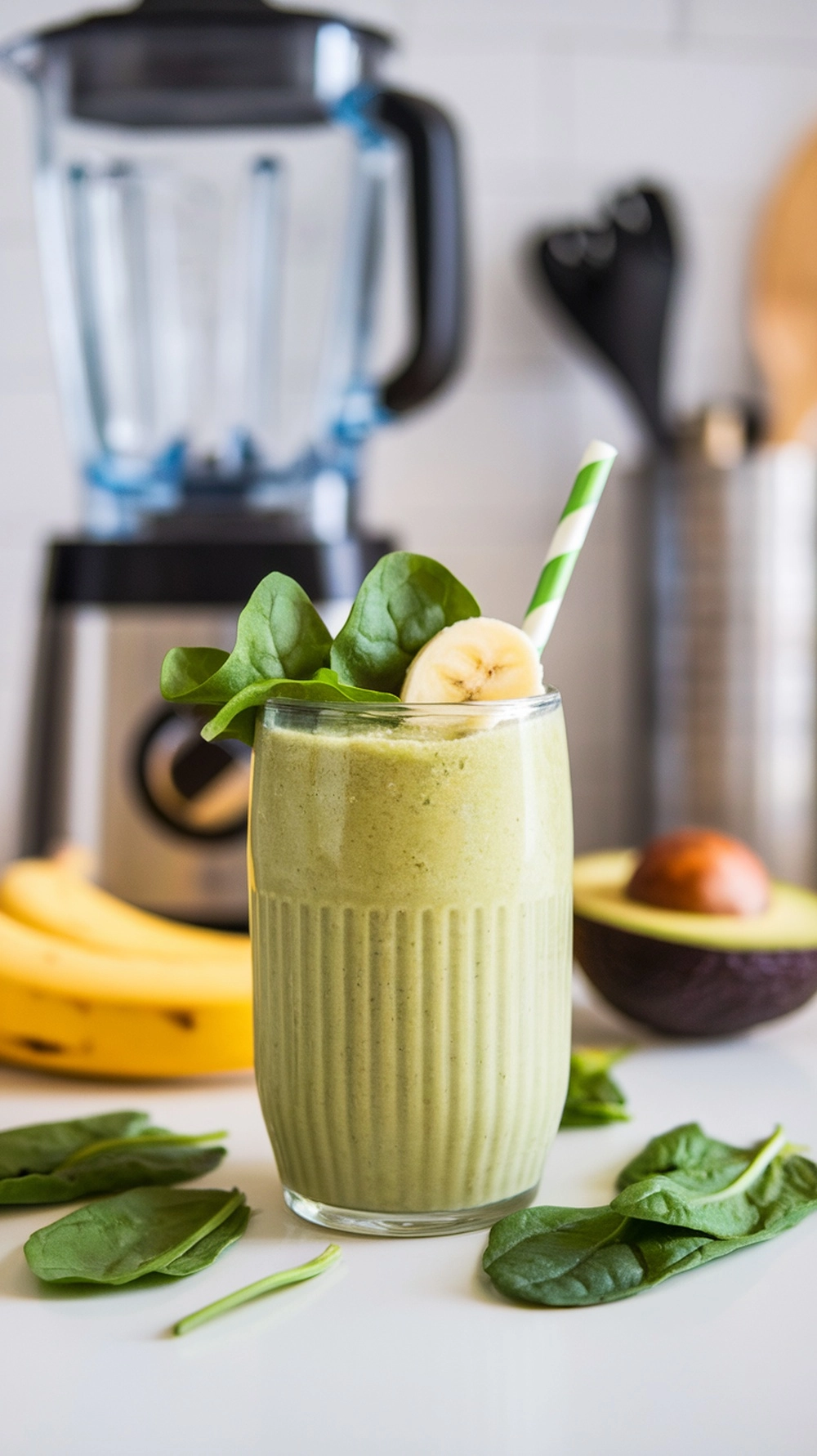 Green power smoothie with spinach, banana and avocado in a tall glass