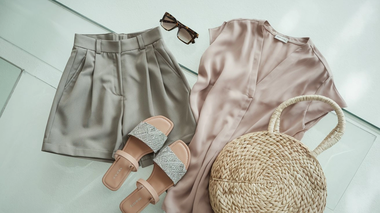 How to Style Short Pants for a Chic and Effortless Look 1 Flat lay of short pants with blouse, sunglasses, sandals, and woven bag on bright background