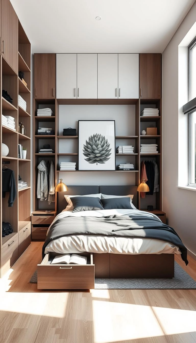 Vertical storage solutions in a small bedroom for couples