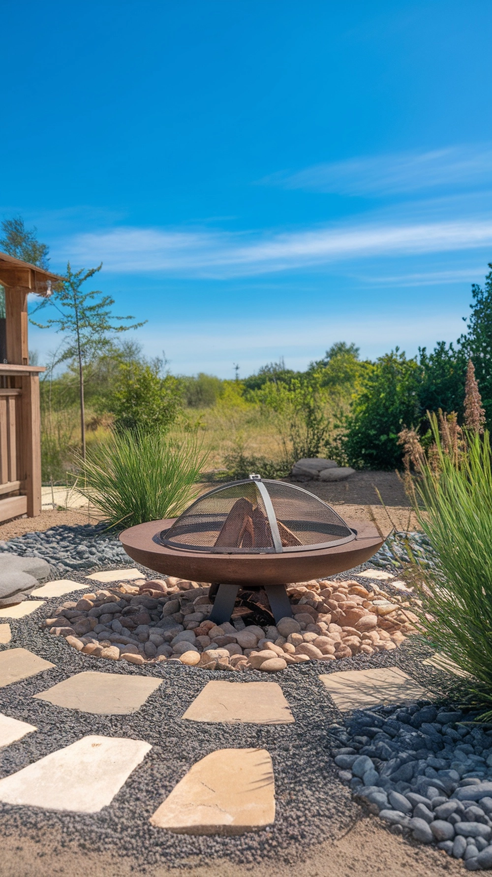 A round fire pit surrounded by stones and gravel, showcasing a well-designed outdoor space.