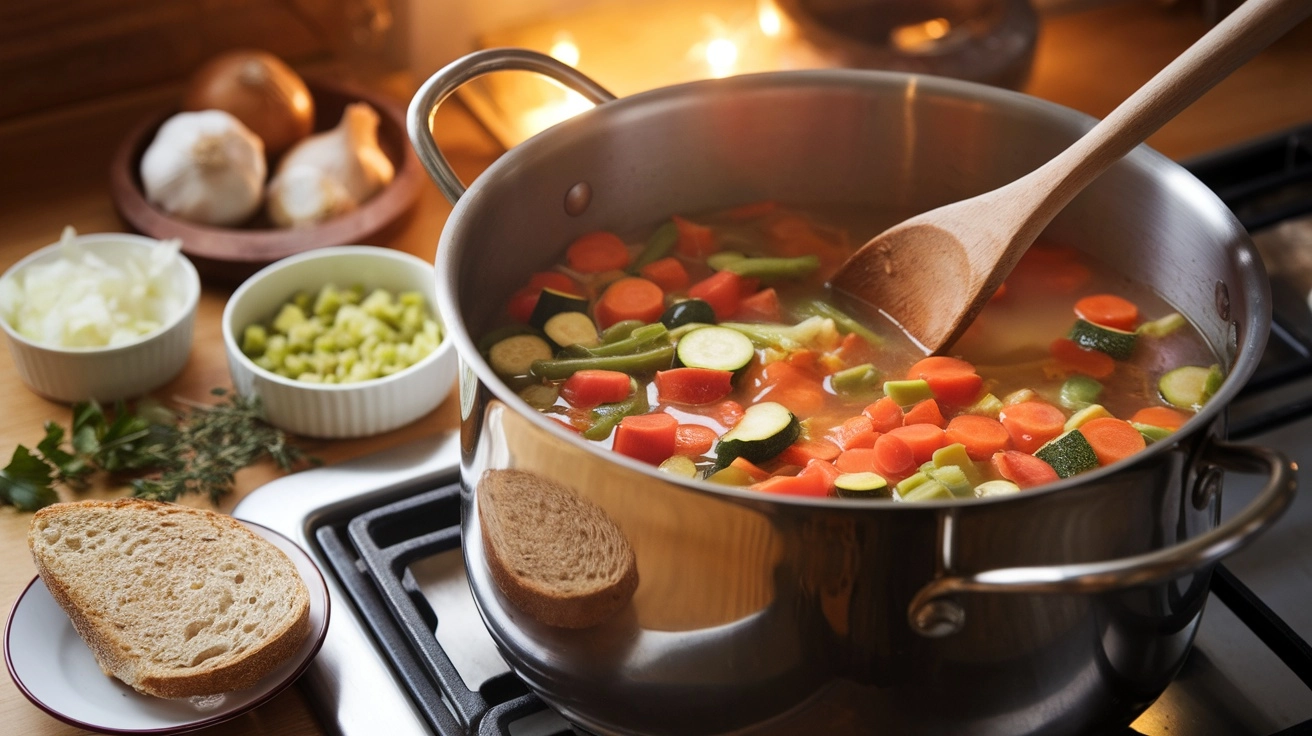 Low-fat vegetable soup cooking with carrots, zucchini, green beans, tomatoes, and fresh herbs in a pot.
