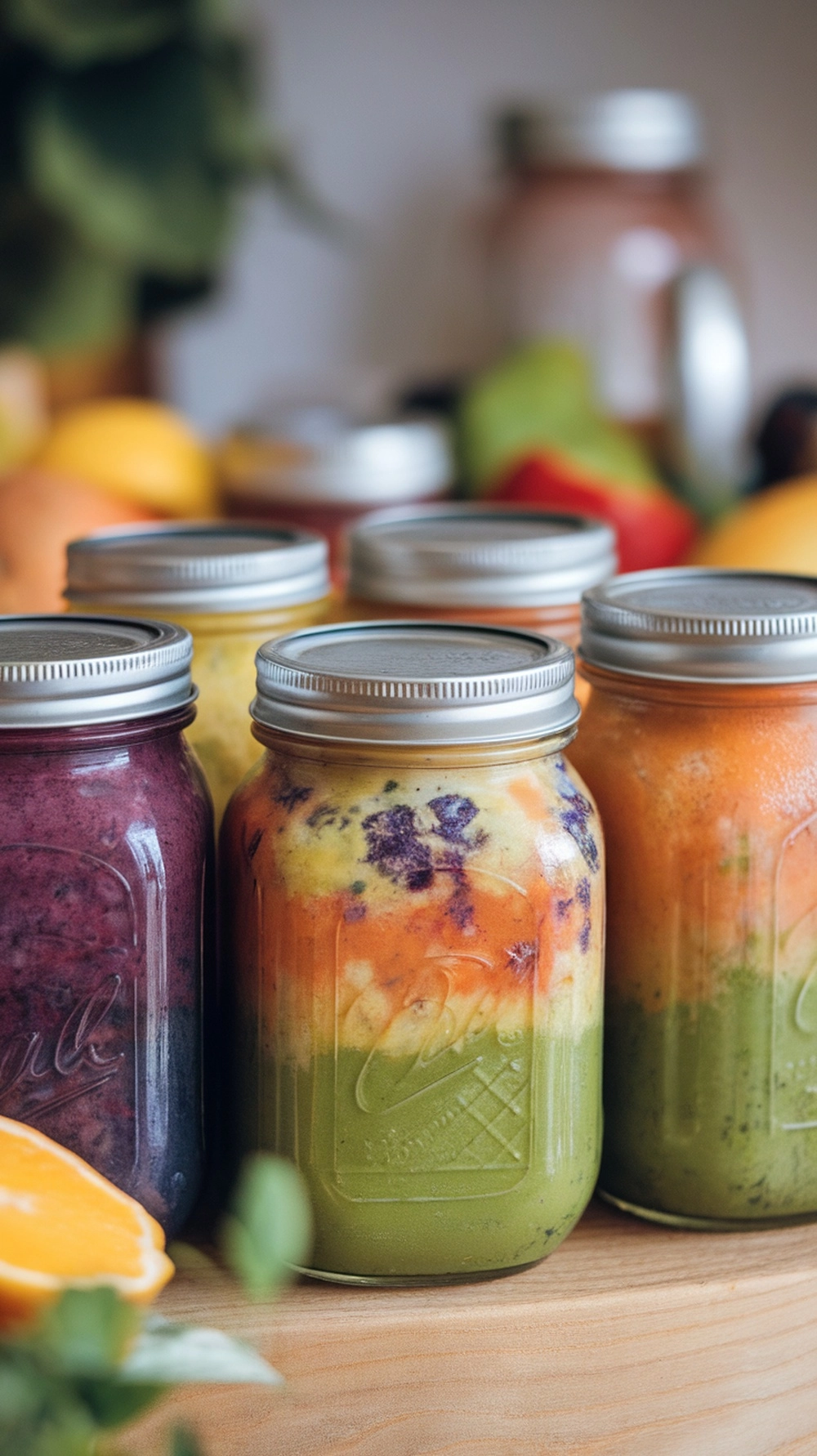 Mason jars filled with colorful smoothies ready for freezing