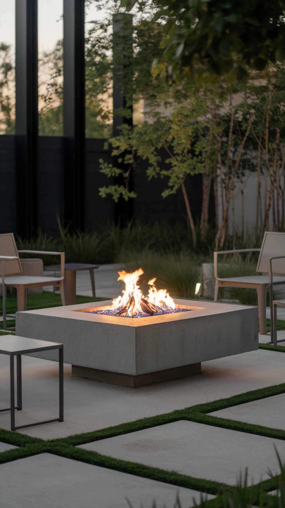 A modern round concrete fire pit surrounded by minimalist furniture and greenery.