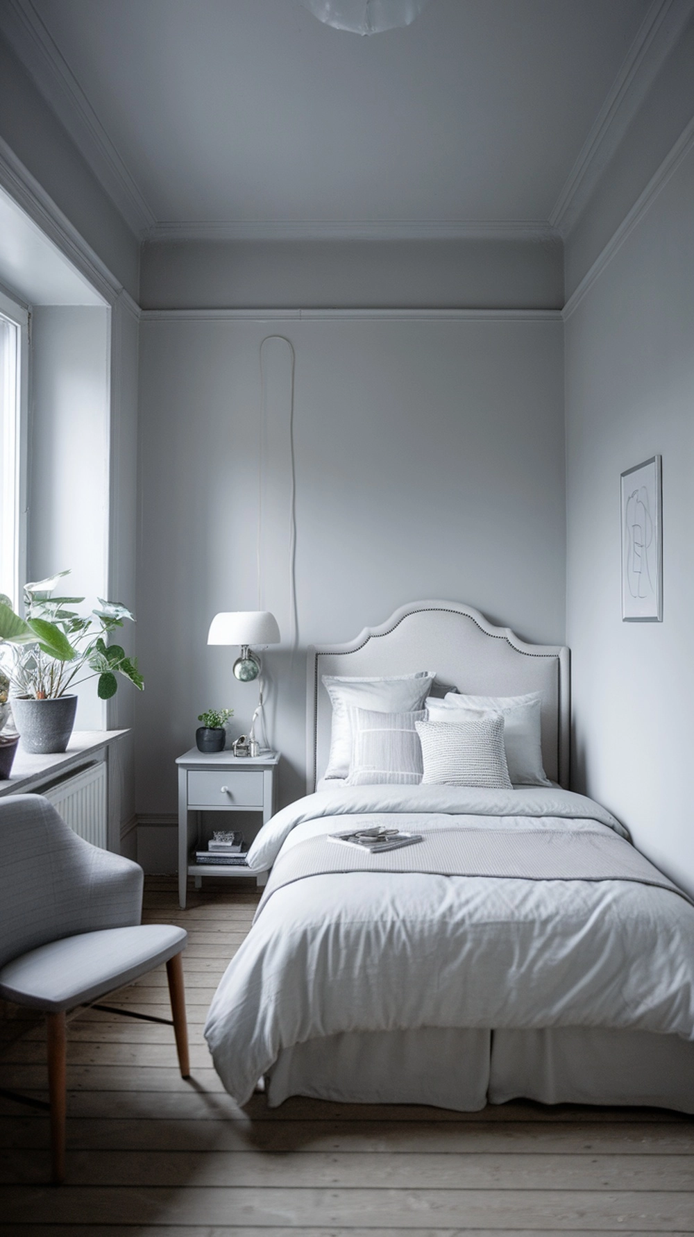 Small bedroom with monochromatic color scheme creating visual continuity