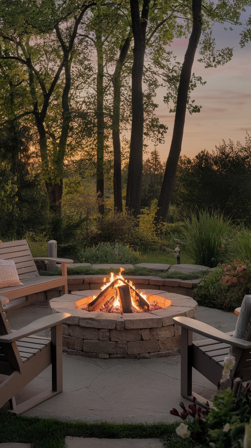 A cozy round fire pit surrounded by trees and seating, perfect for a natural woodland setting.