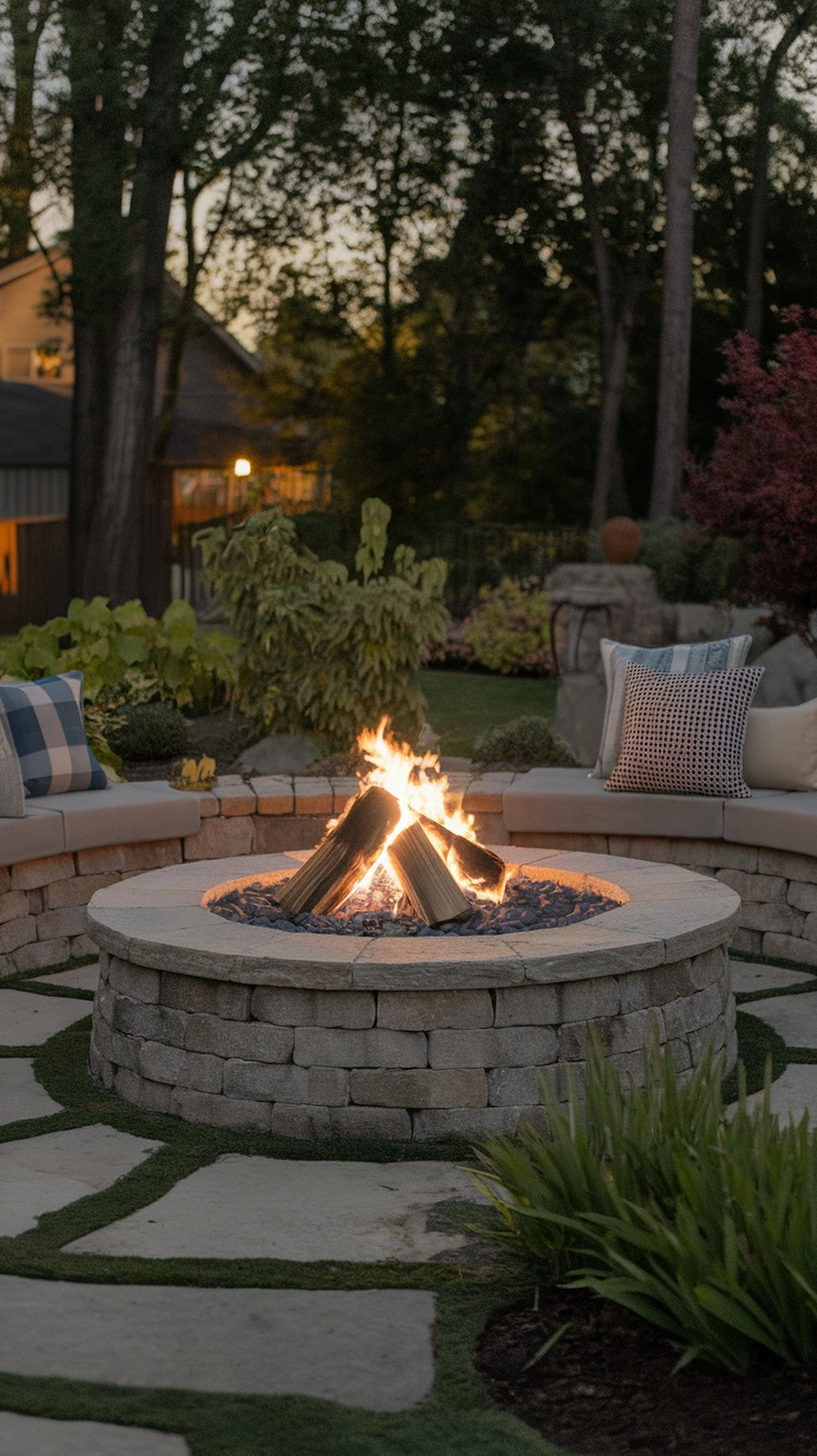 A round stone fire pit surrounded by a cozy seating area in a backyard.