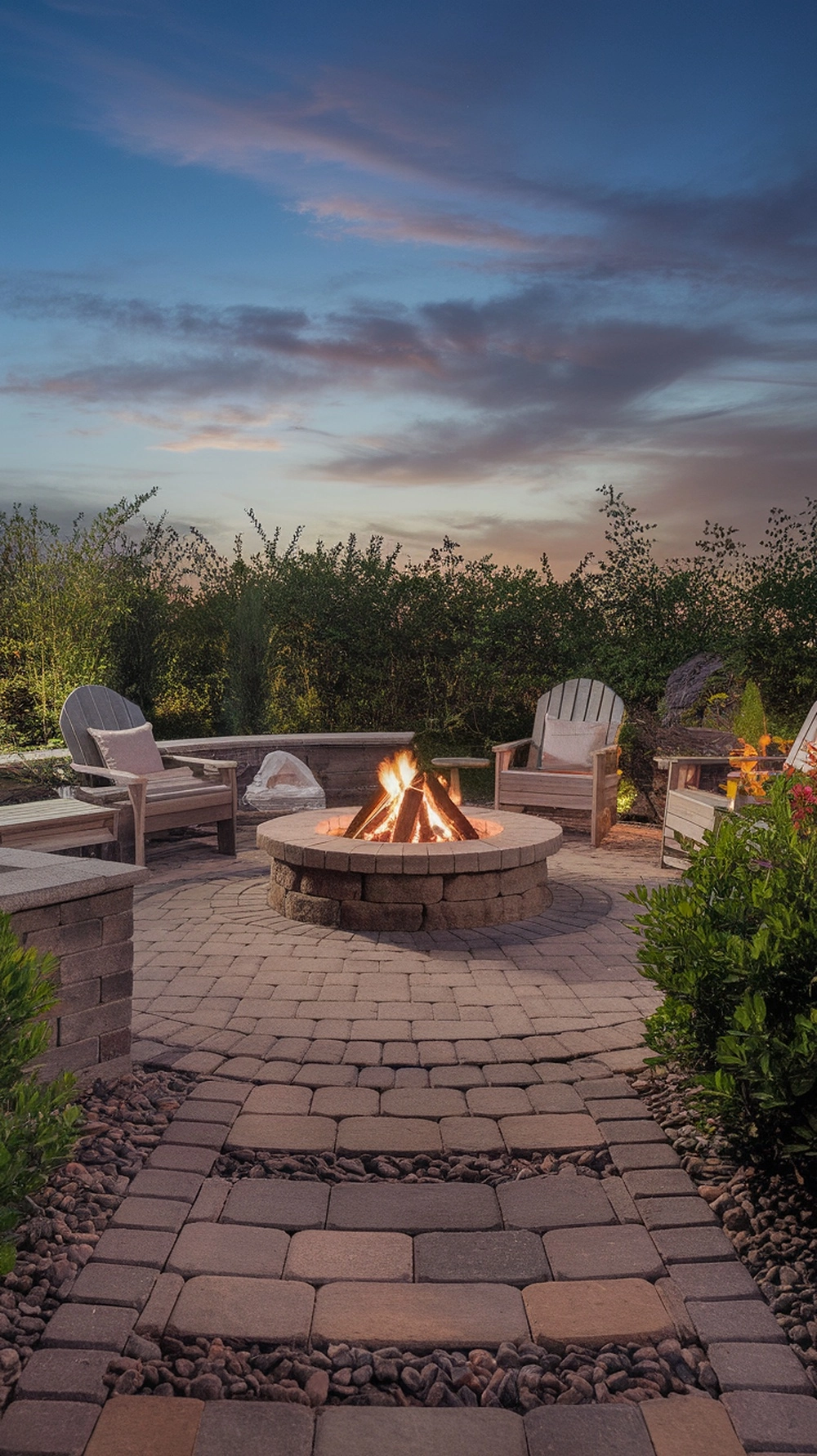 A cozy backyard fire pit area made with paver stones and surrounded by seating.