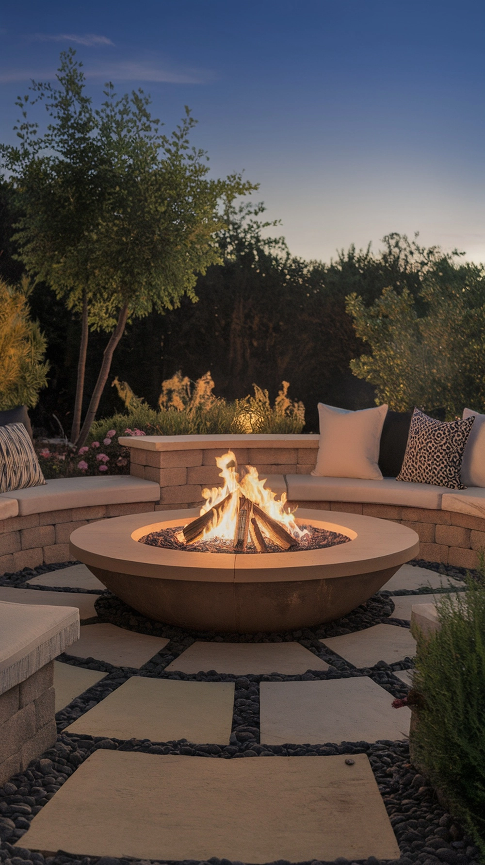 A round fire pit surrounded by seating, creating a cozy outdoor space.