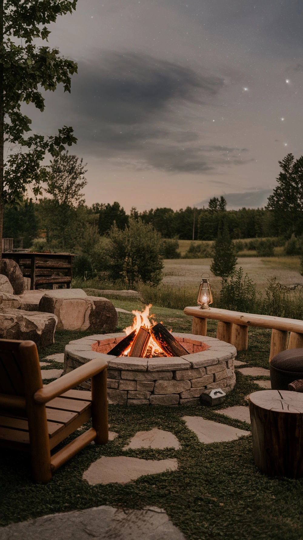 A rustic stone fire pit surrounded by natural landscaping, featuring wooden seating and a warm fire.