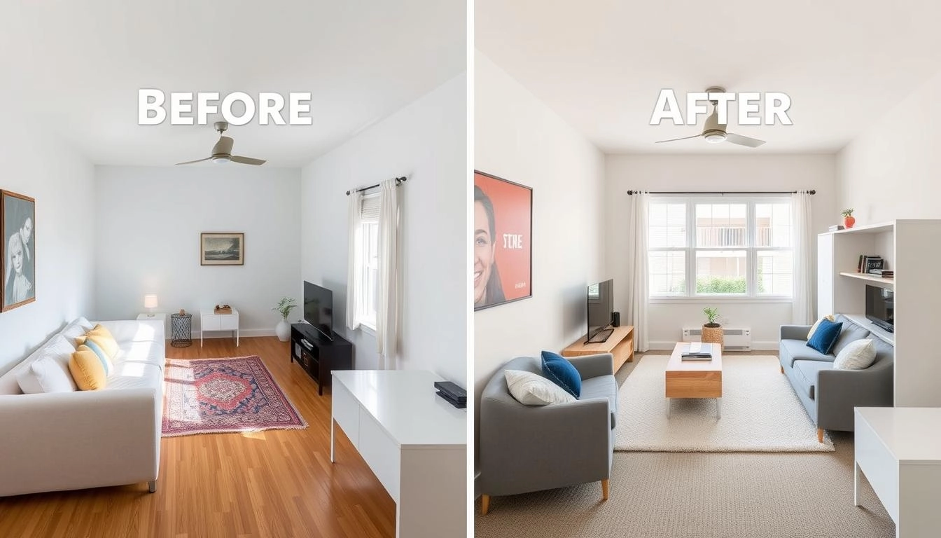 Before and after images of a challenging small bedroom layout transformation