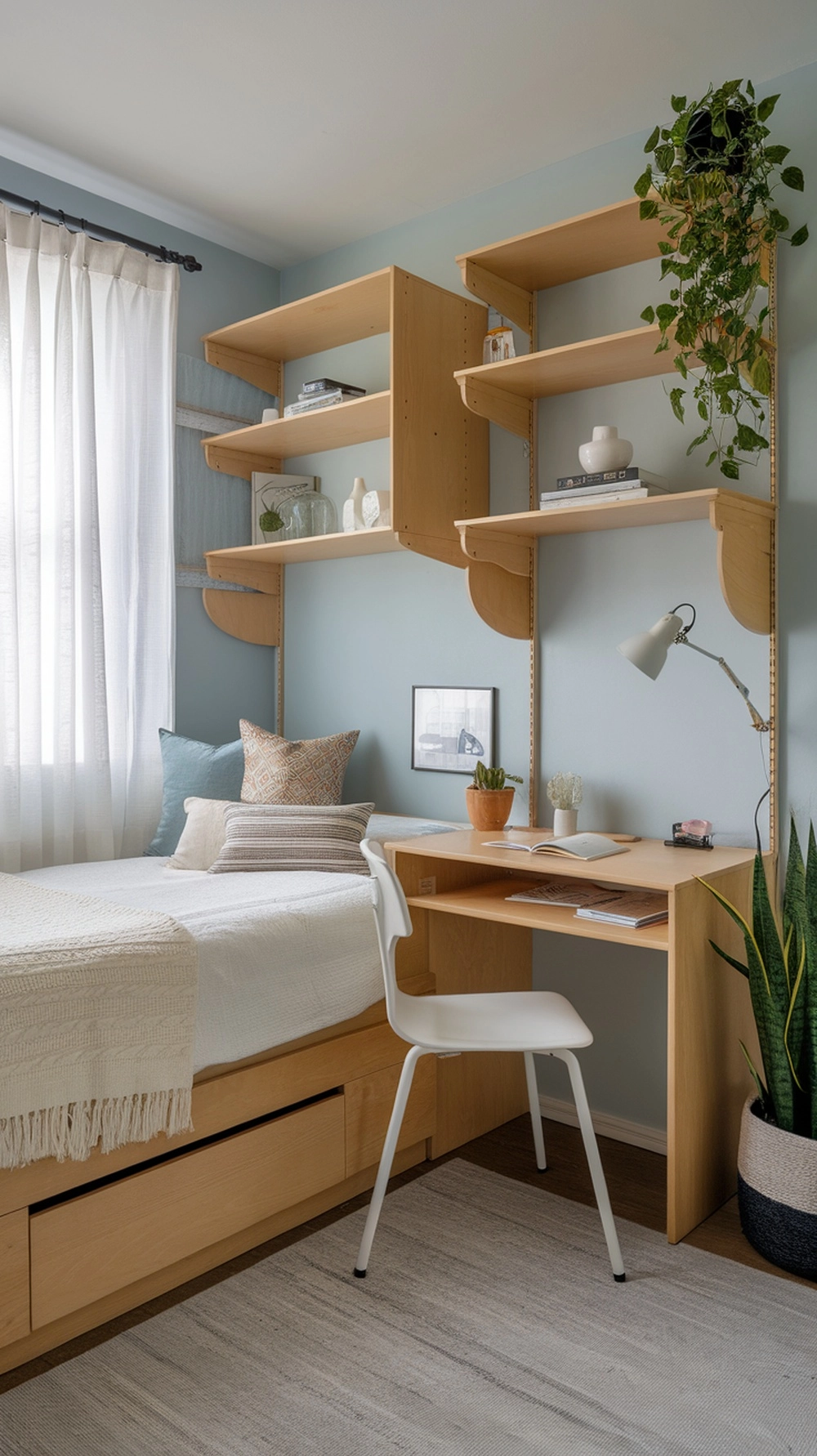 Small bedroom with multifunctional furniture that serves multiple purposes