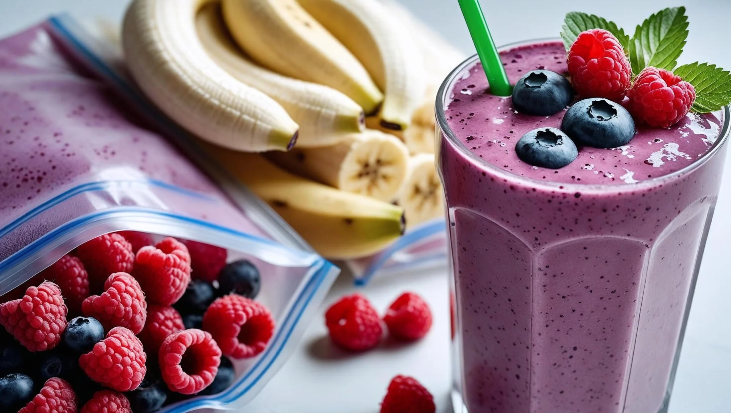 Freezer bags filled with bananas, raspberries, and blueberries for easy smoothie prep.