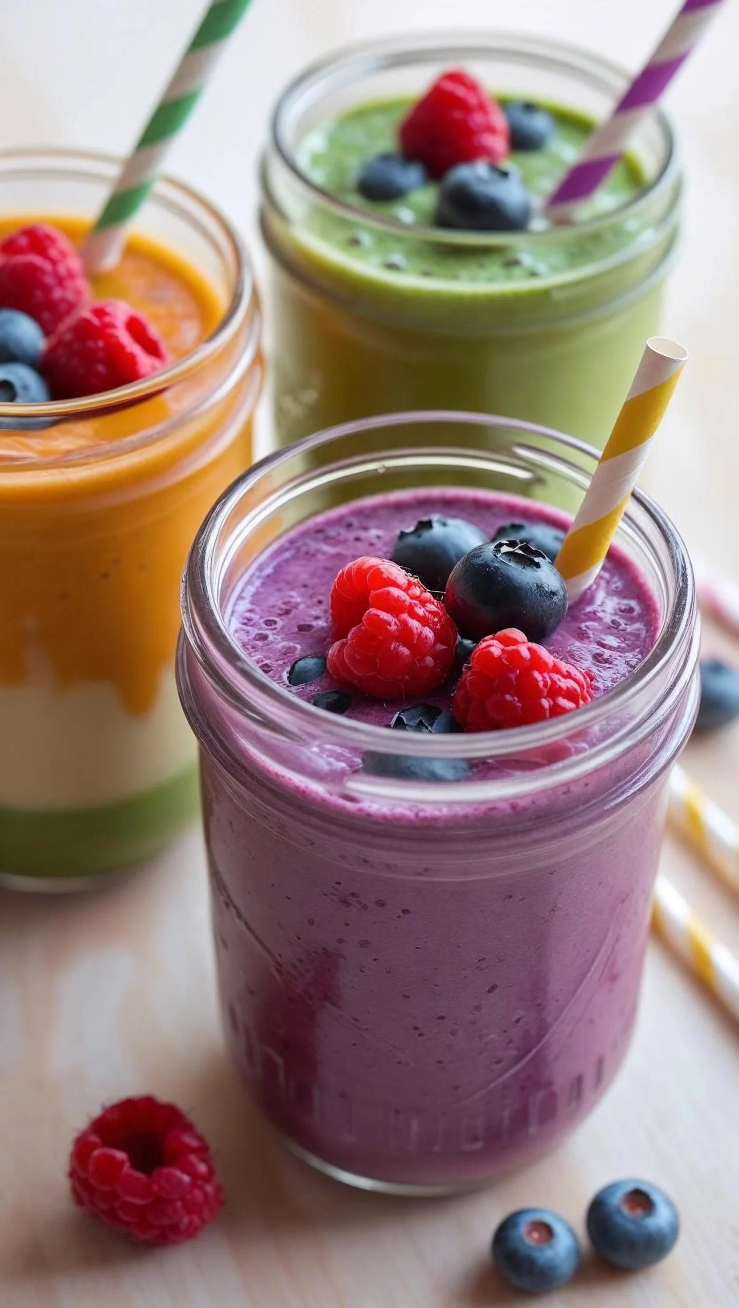 Prepared smoothies in glass jars with colorful layers and a straw