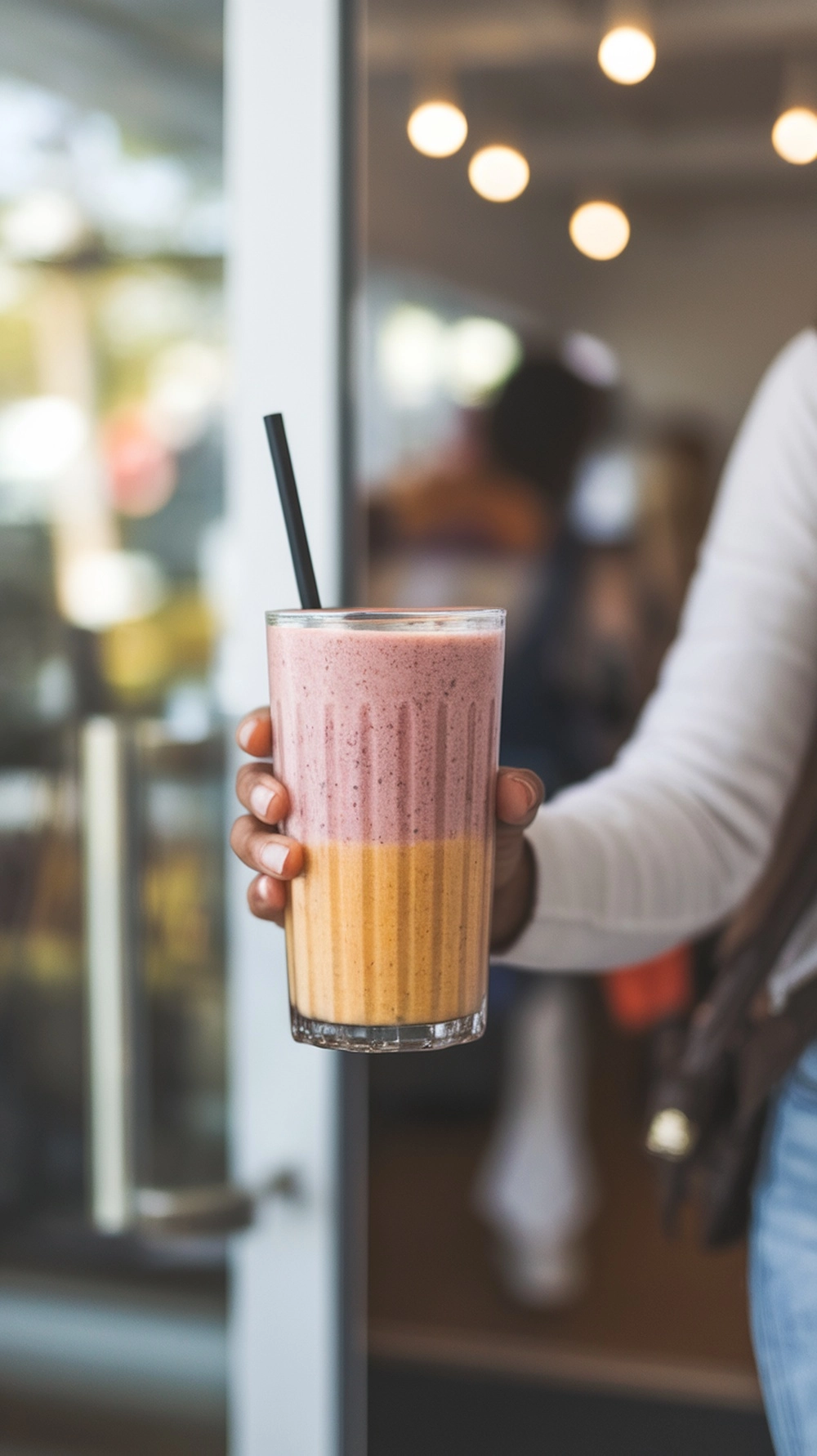 5-Minute Smoothies for Busy Mornings 2 Smoothie in a glass held during a busy morning on the go.