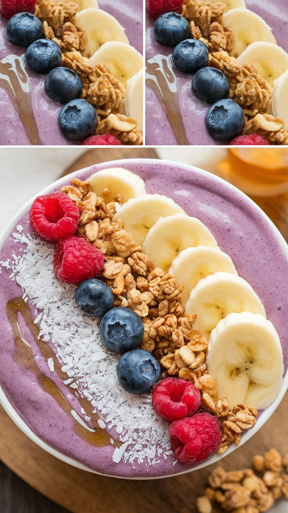 Step-by-step smoothie decoration with toppings and garnishes