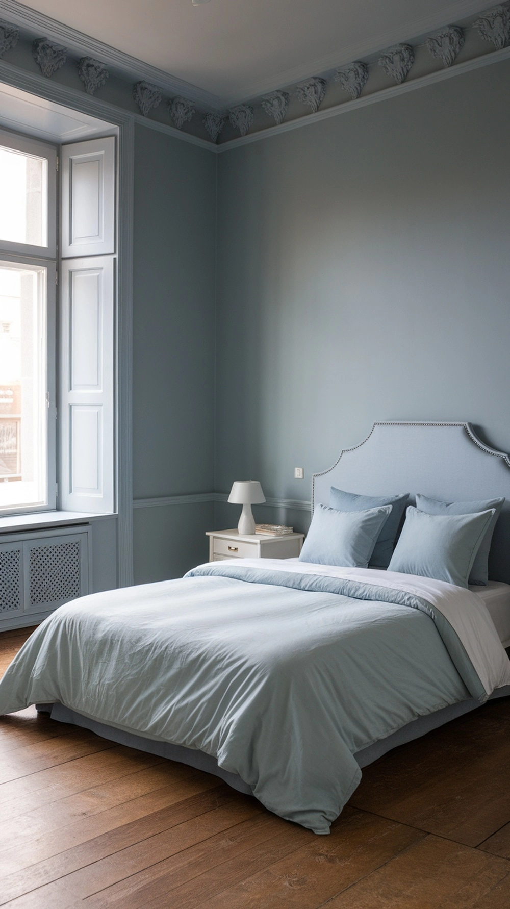 Stylish blue and grey bedroom