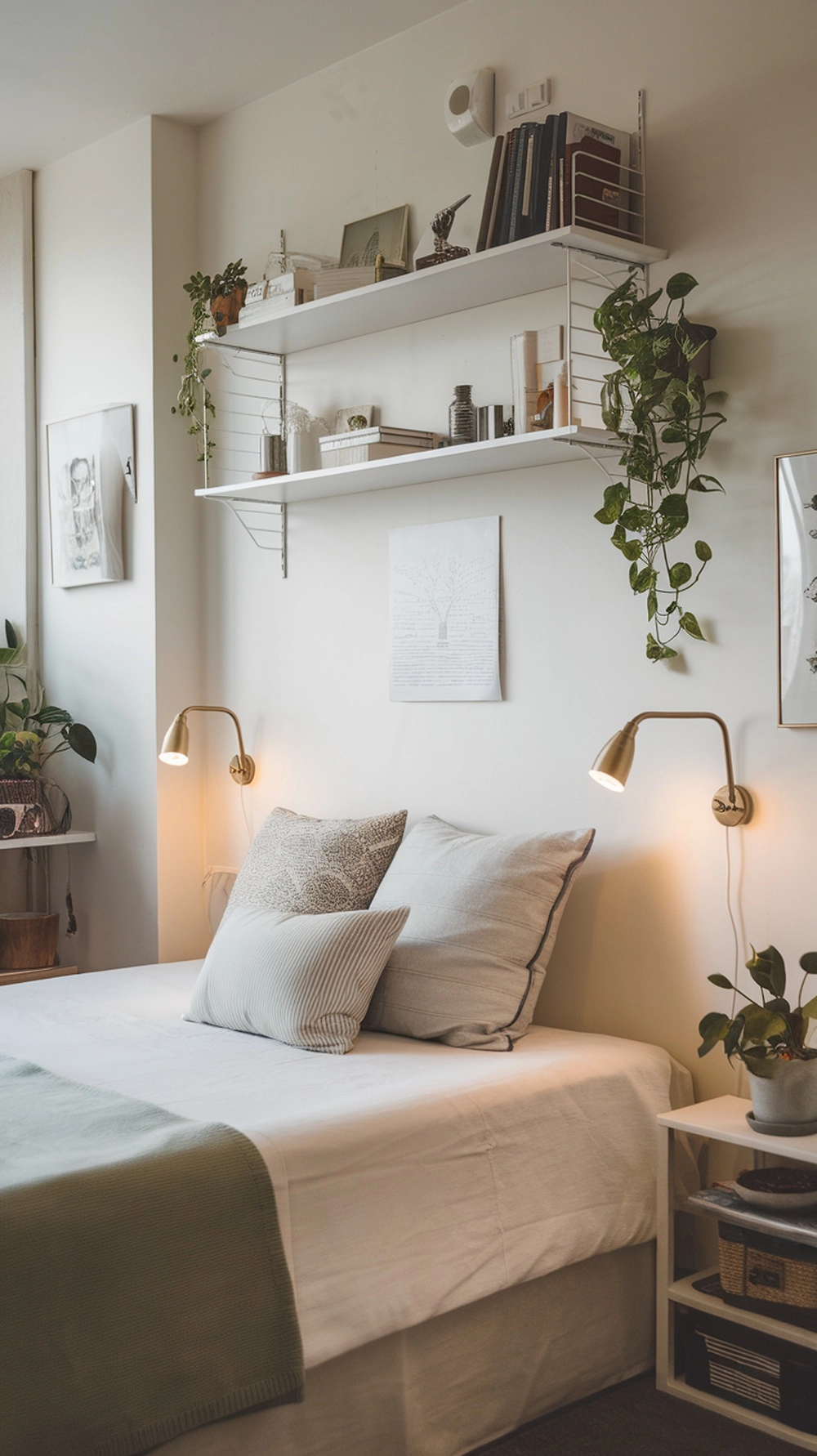 Small bedroom with bed placed diagonally to create visual interest