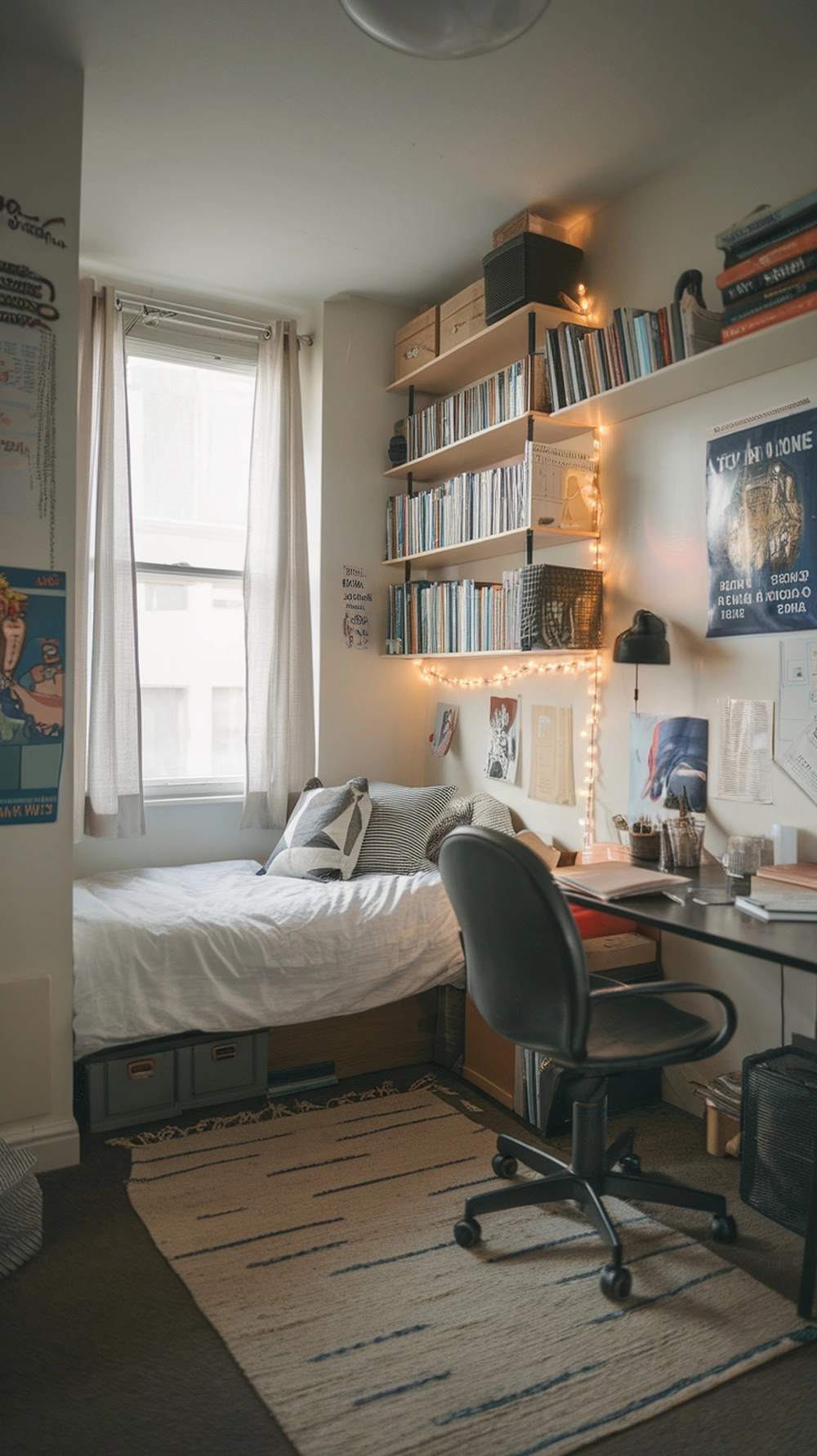 Small bedroom with bed placed against the wall to maximize floor space