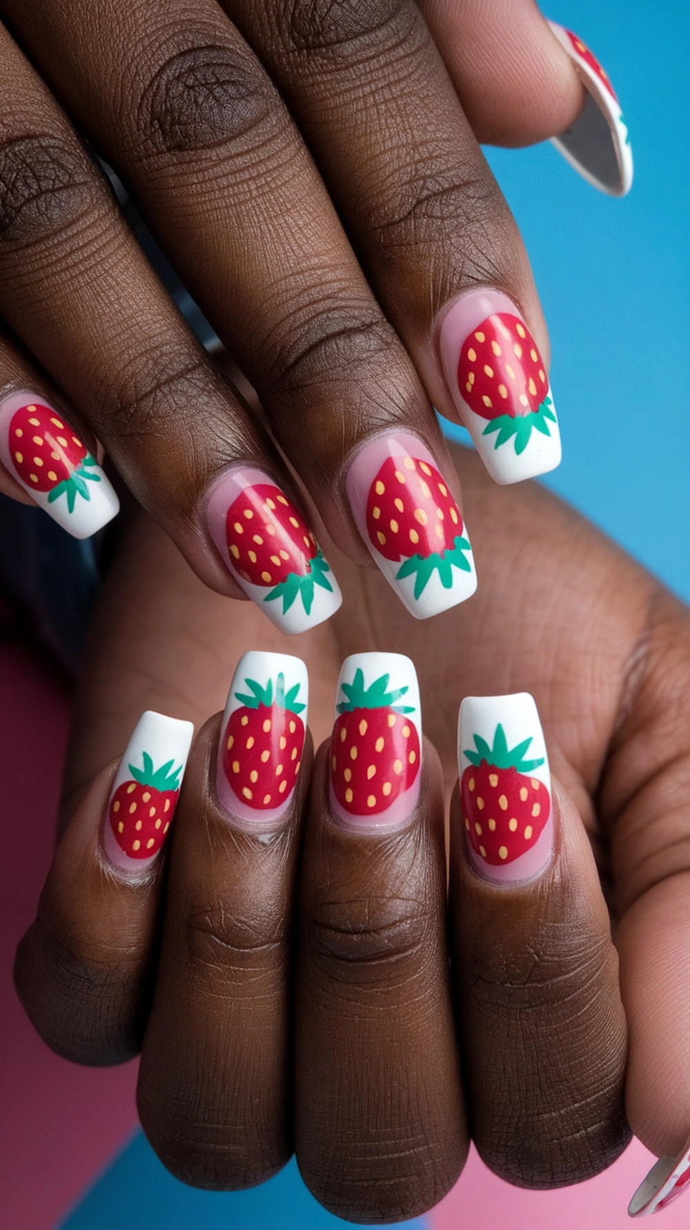 A close-up of hands with bold strawberry nail designs featuring bright red strawberries on a white base.