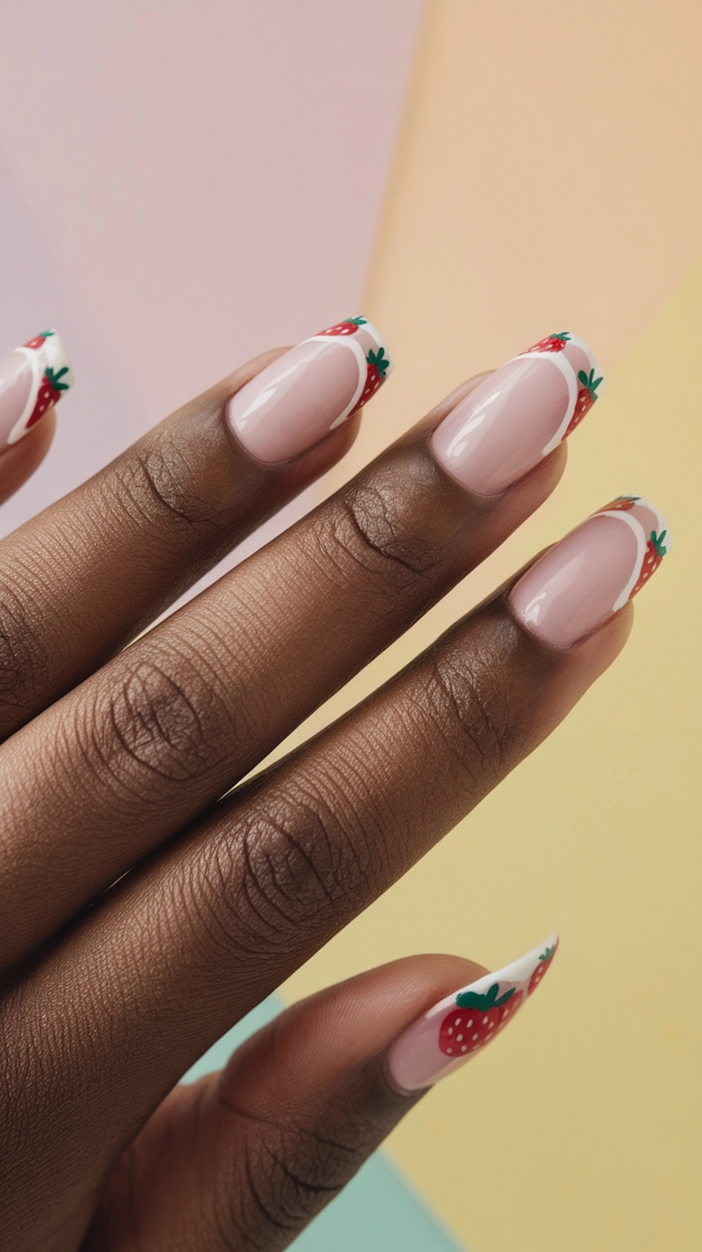 Close-up of hands with classic strawberry French tip nails featuring a nude base and white tips with strawberry designs.