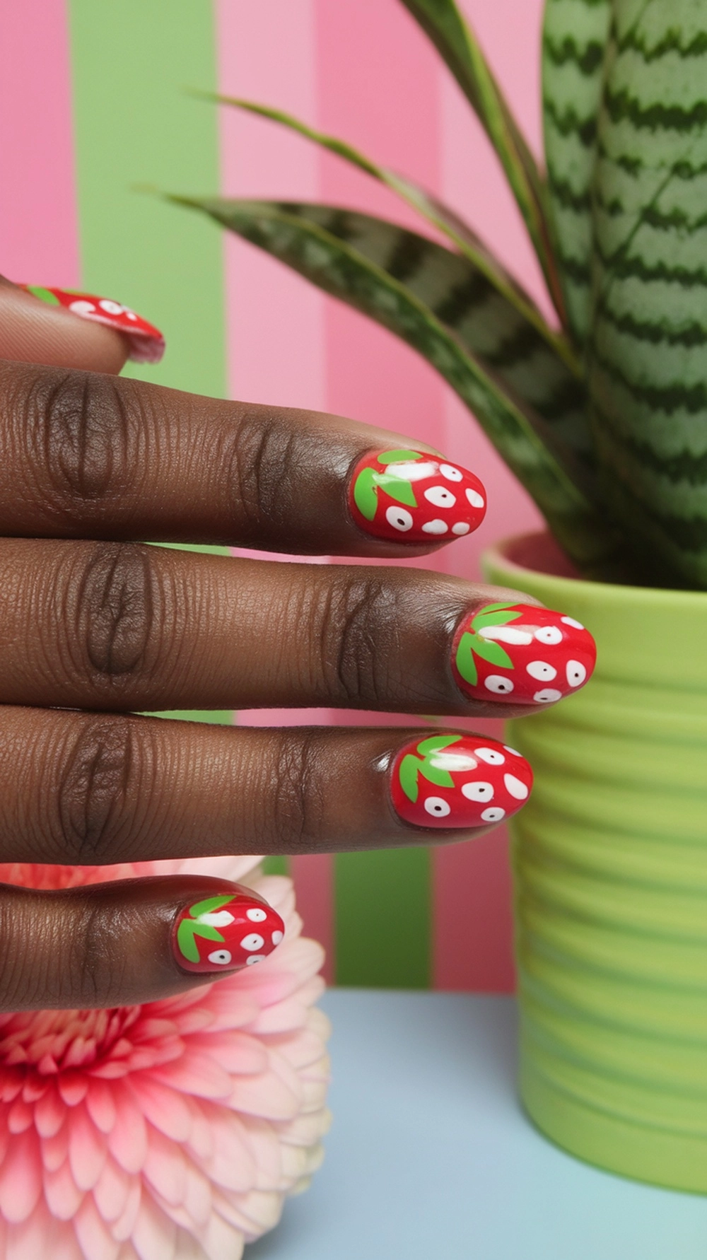 Close-up of cute strawberry cartoon nails with red polish, green leaves, and white seeds.
