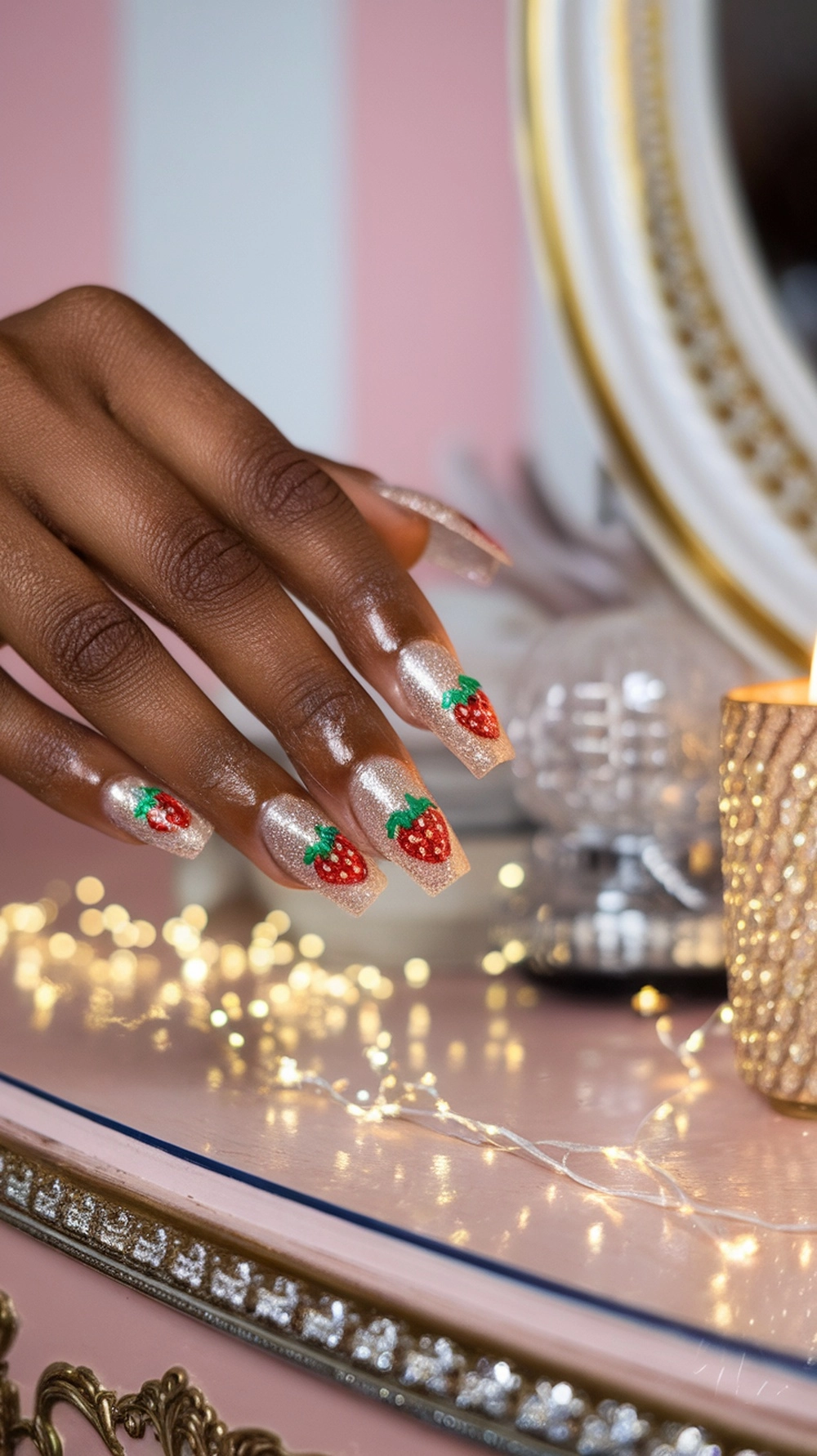 A hand with glittery strawberry nail designs, featuring tiny strawberry art on a sparkling background.