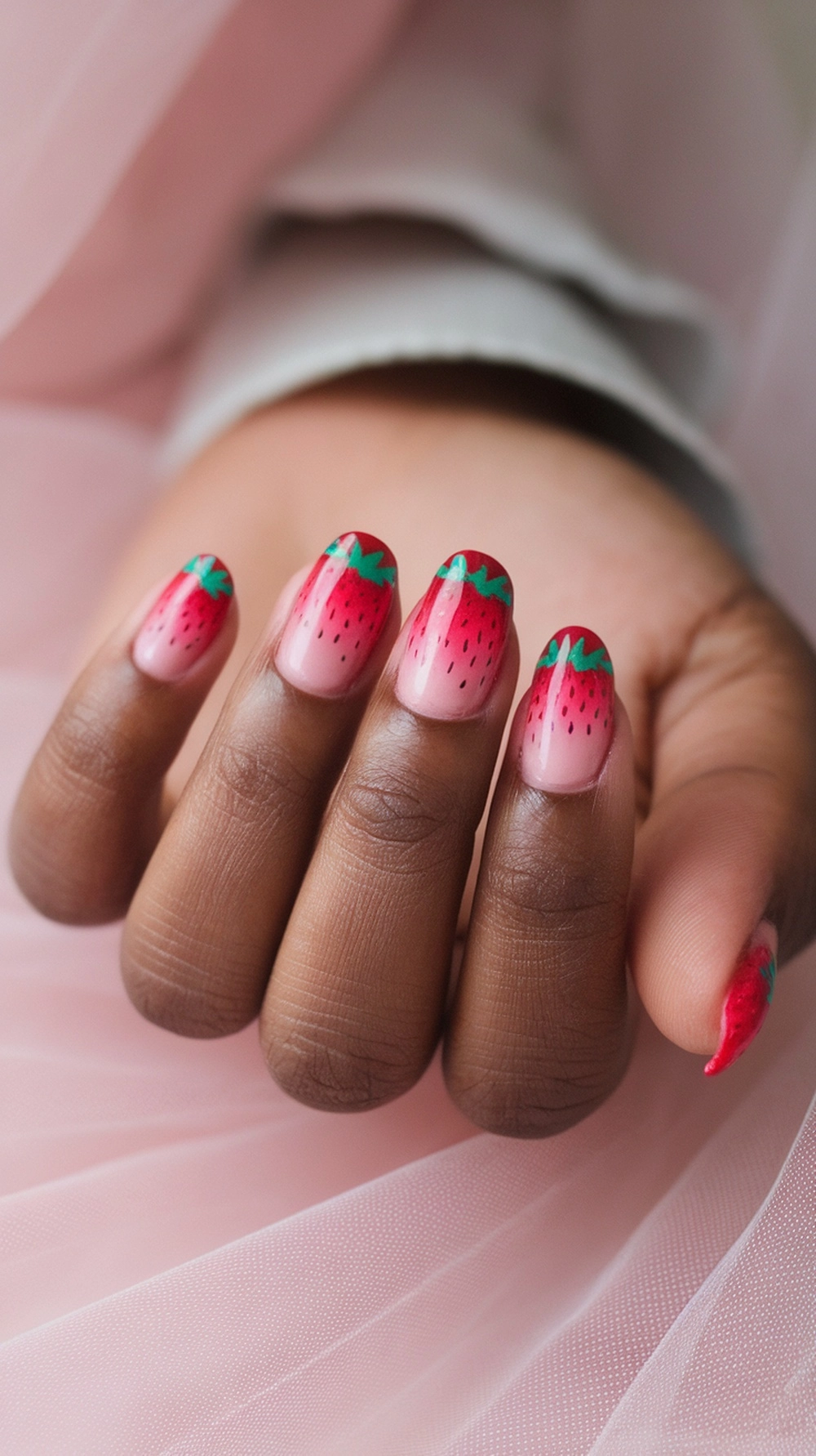 A close-up of hands with gradient strawberry ombre nails featuring tiny strawberry designs.
