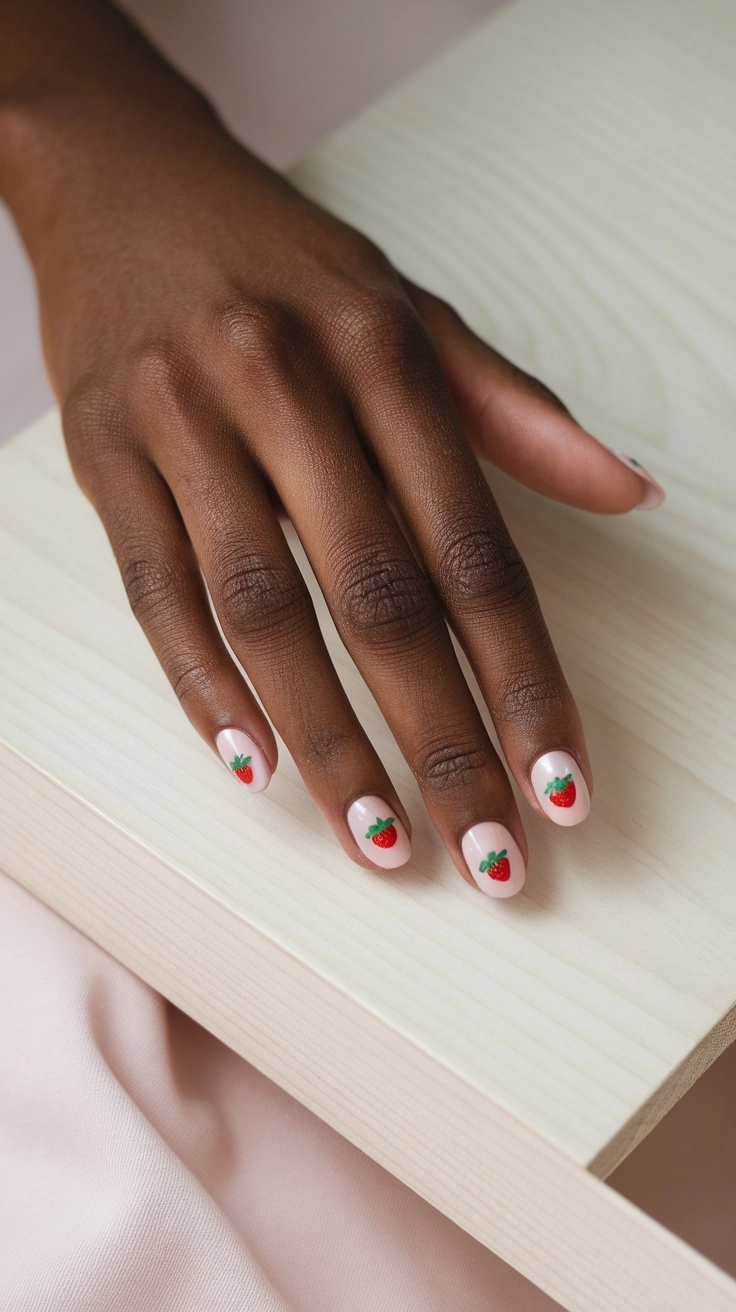 Minimalist strawberry nail design with tiny red strawberries on a nude base
