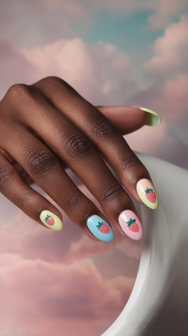 A close-up of hands with pastel strawberry nail designs against a dreamy cloud background.