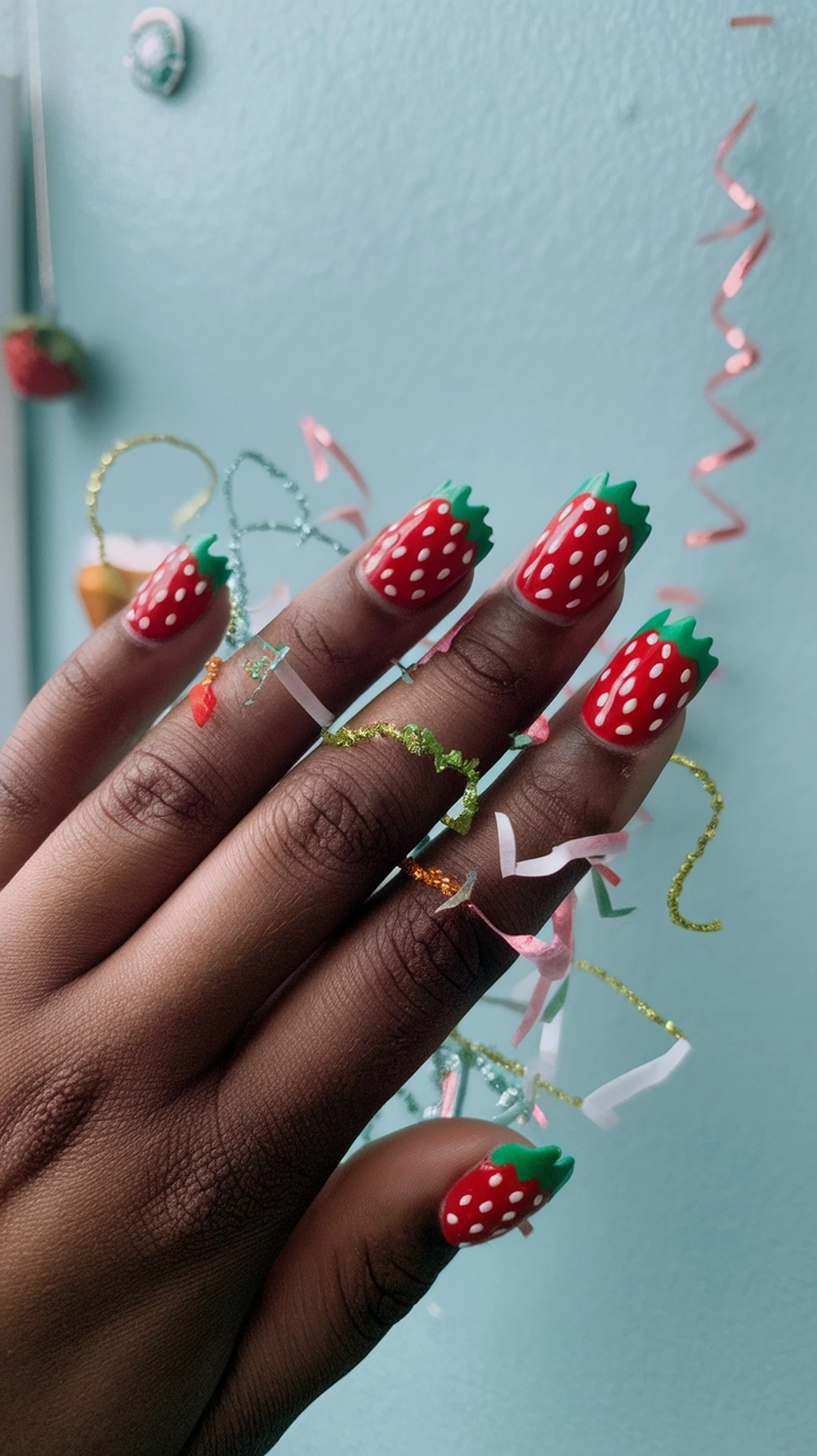 Colorful strawberry nail design with red polish and green tips