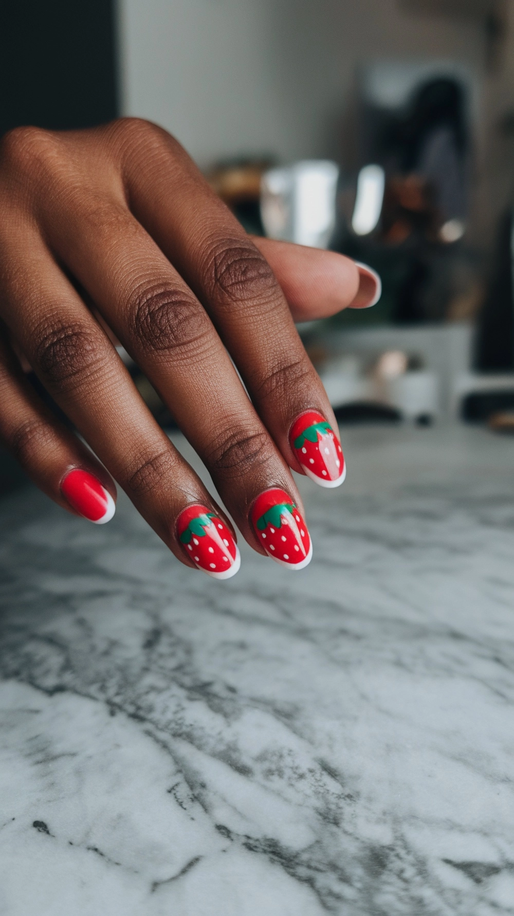 A close-up of hands with strawberry nail art featuring red nails with green tops and white dots.