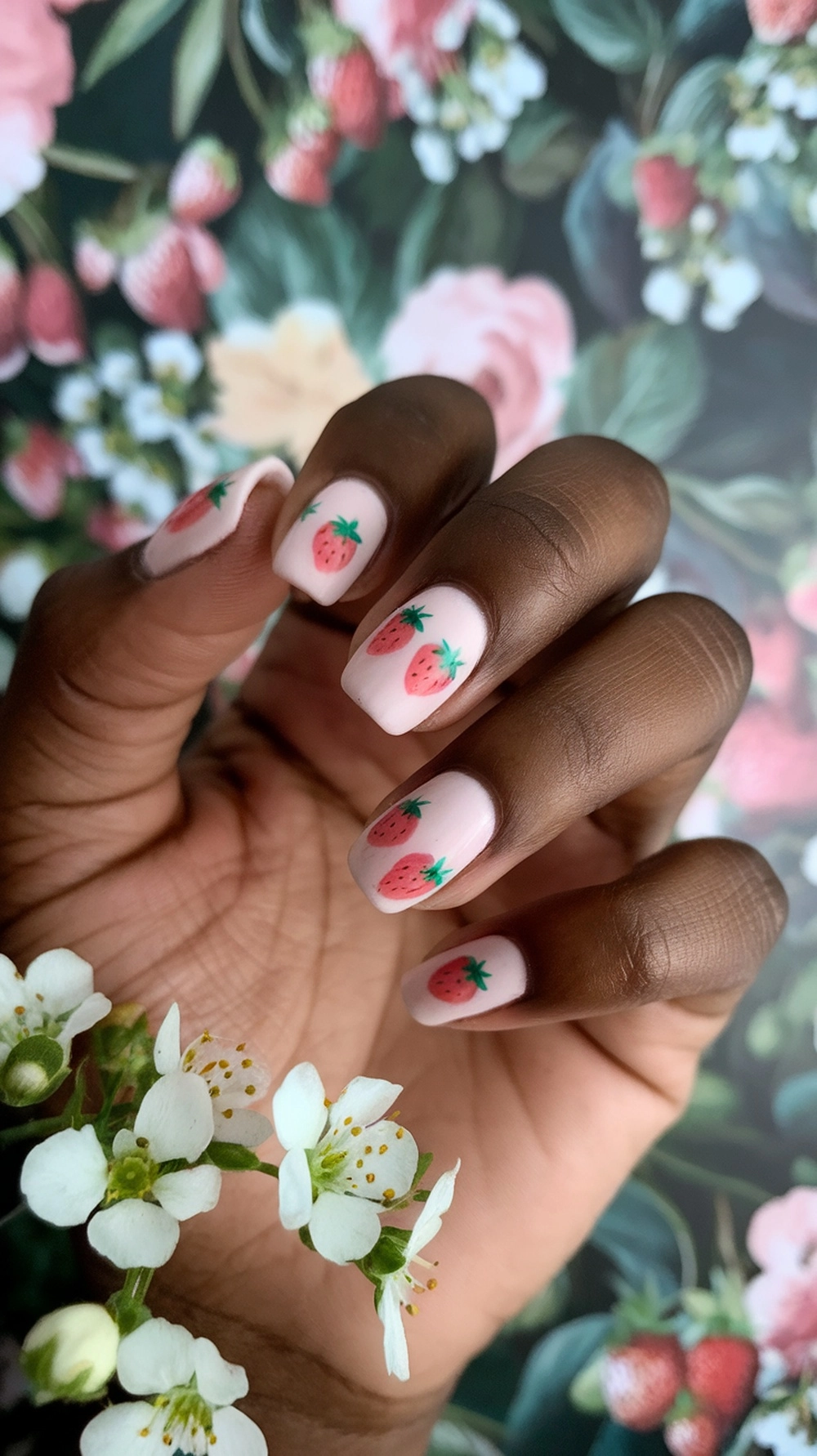 A hand showing off strawberry nail designs with floral accents