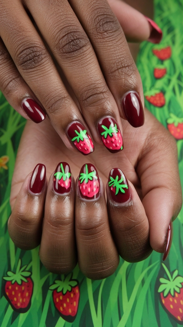 Nail art featuring strawberries on a pink background with green tips.