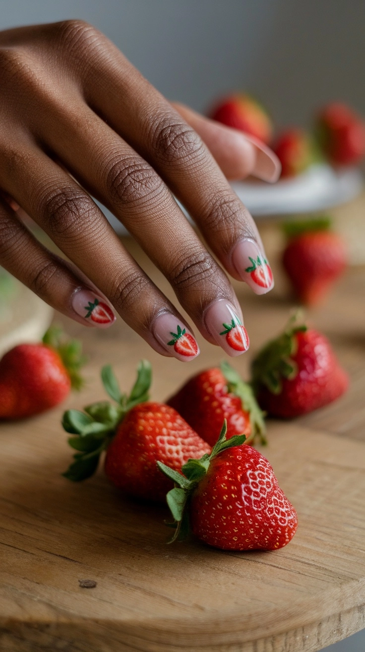 A hand holding a sliced strawberry with nails featuring strawberry designs.