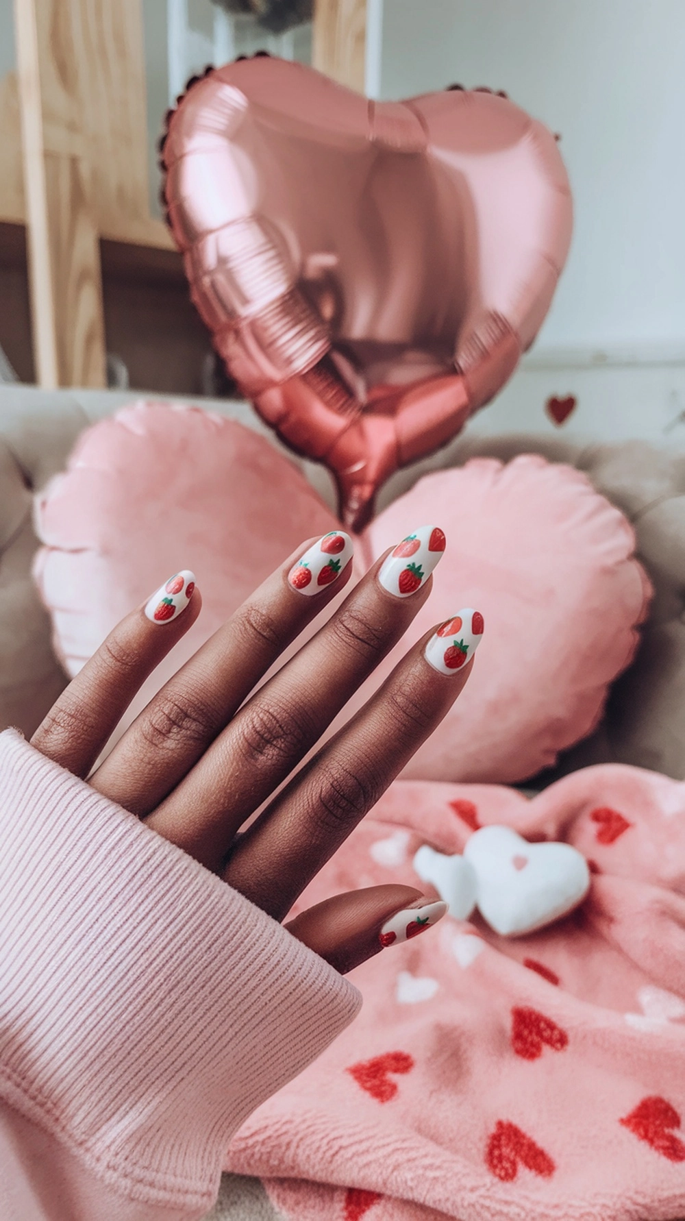 Nails with strawberry designs against a pink background with heart-shaped pillows